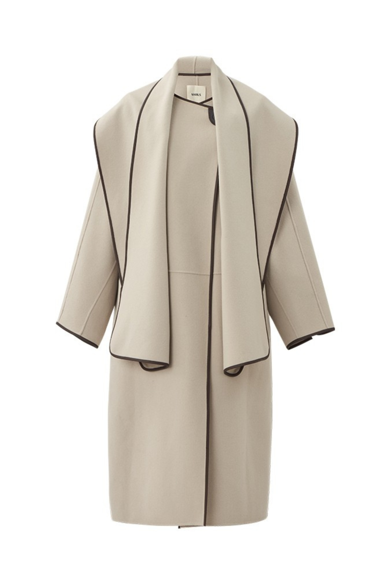 Collarless Wool Coat with Leather-Trim Scarf Detail