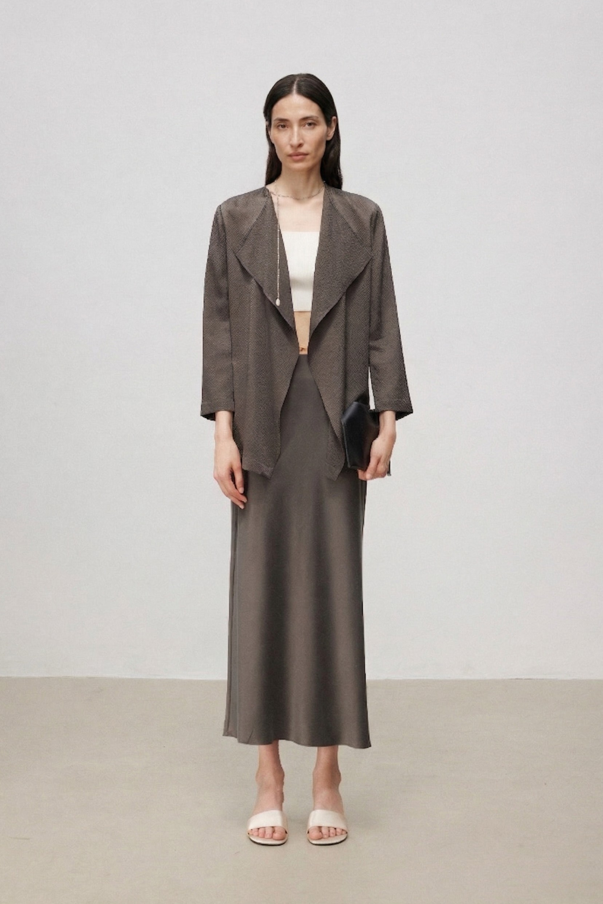 Pearl-Sheen Silk Satin Draped-Collar Wrap Top