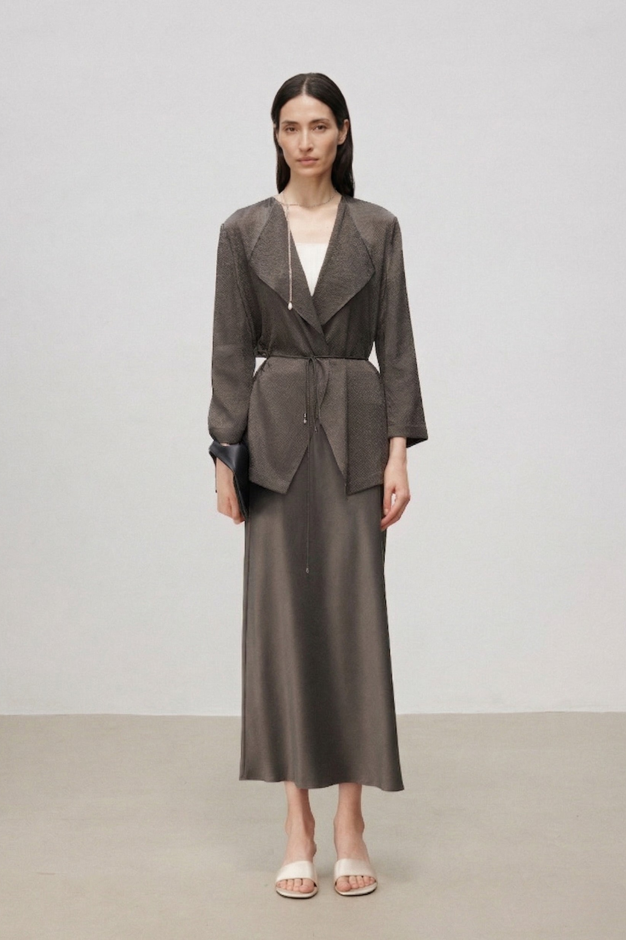 Pearl-Sheen Silk Satin Draped-Collar Wrap Top