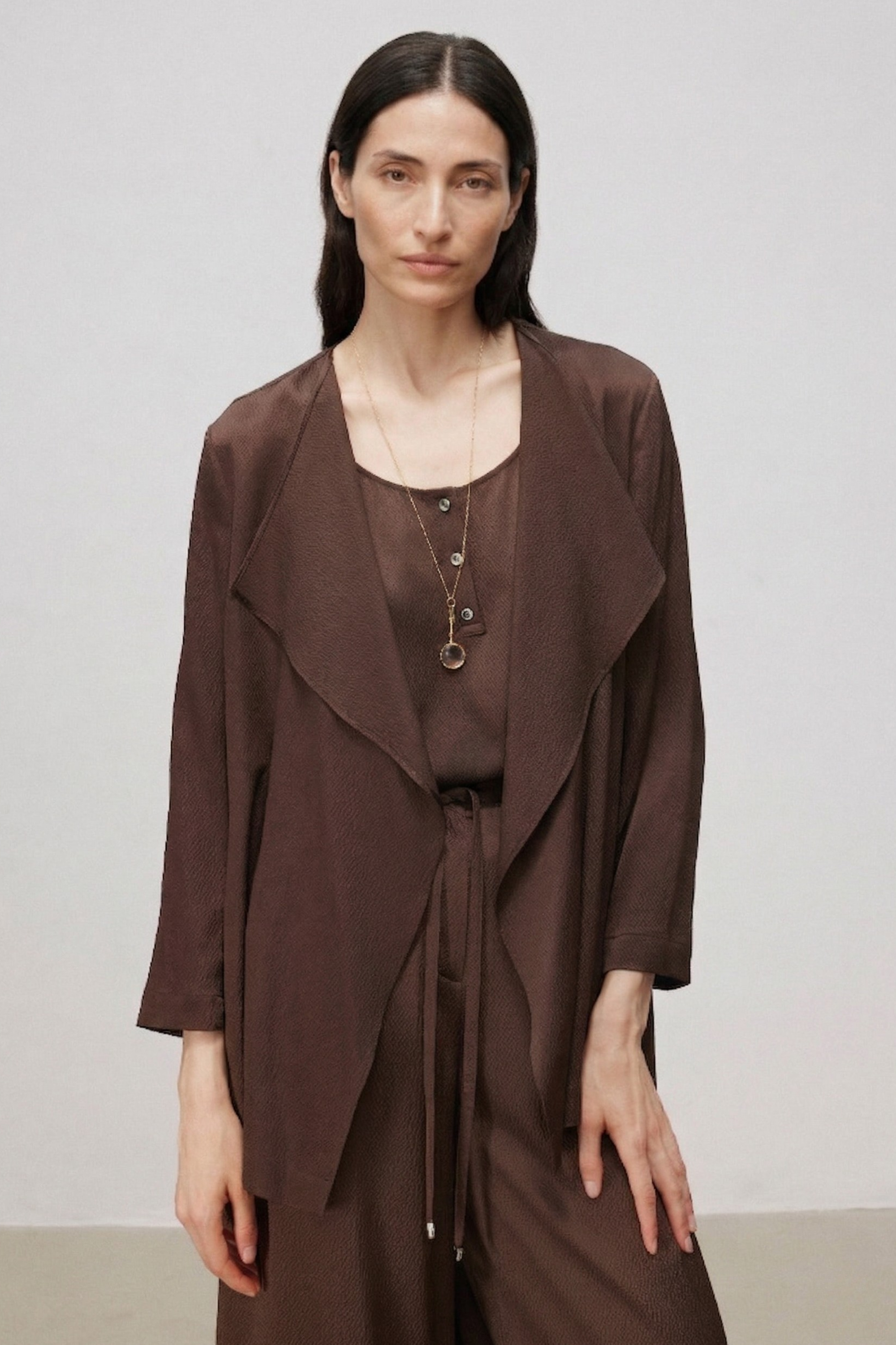 Pearl-Sheen Silk Satin Draped-Collar Wrap Top