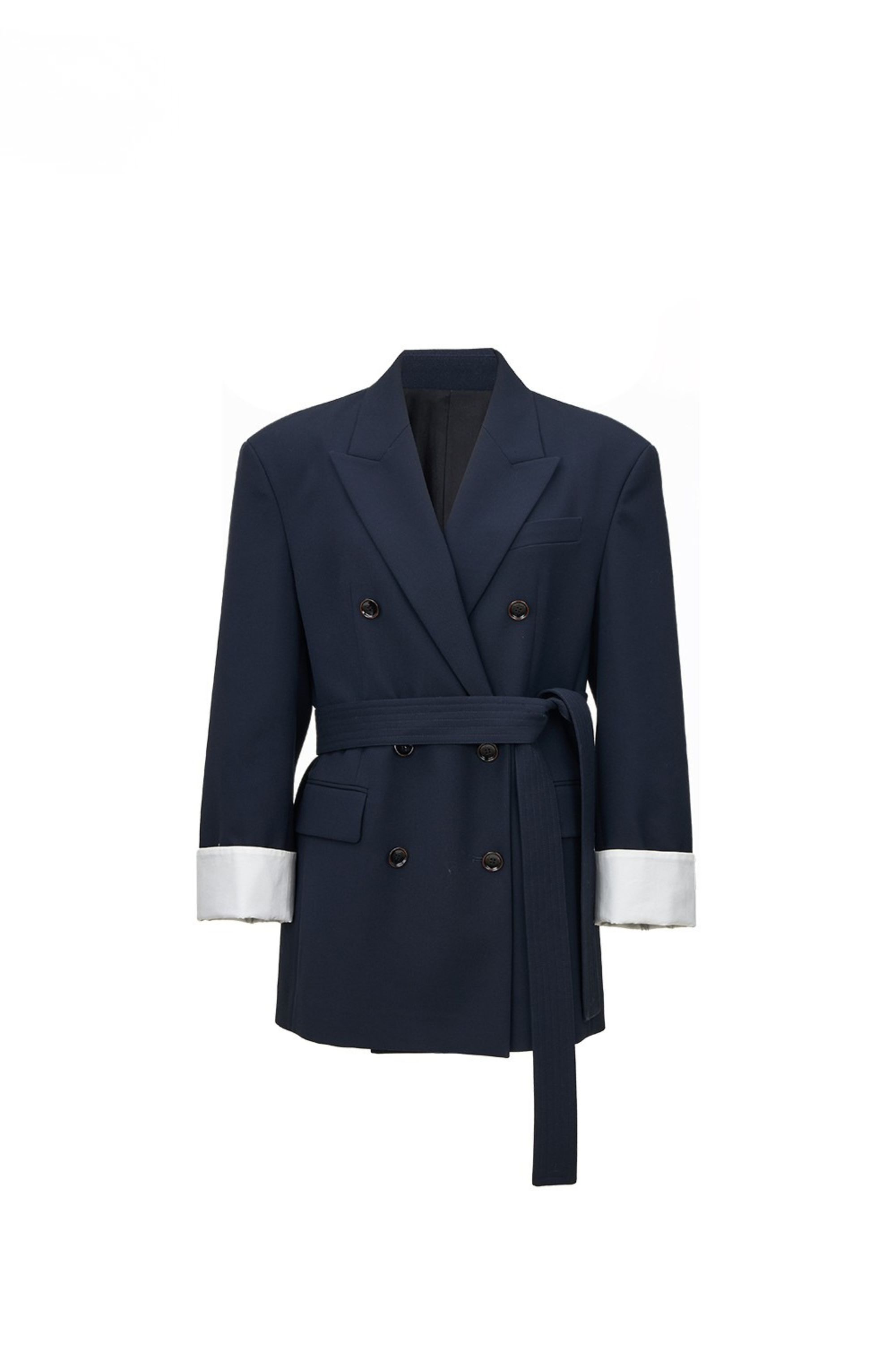Belted Double-Breasted Structured Wool Blazer with Turn-up Cuffs