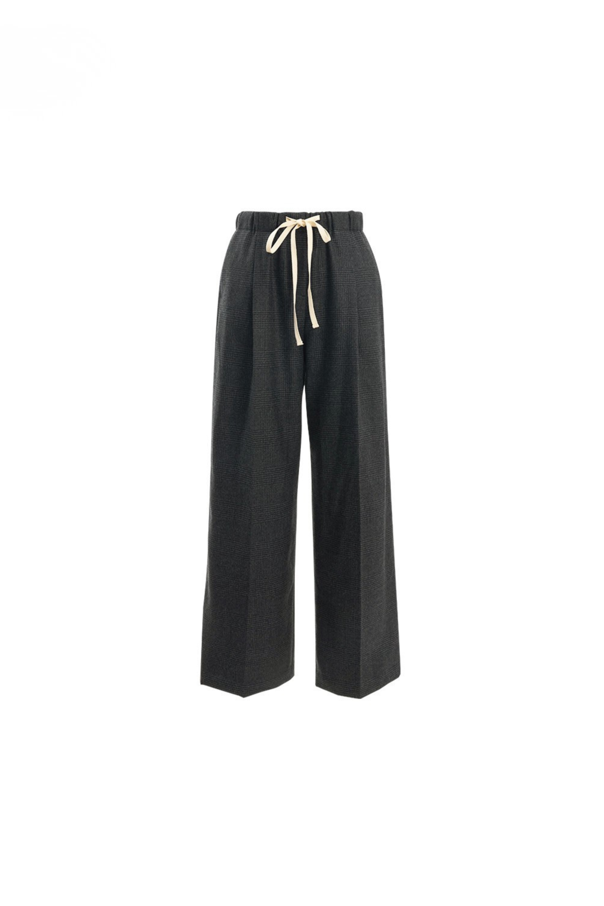 Elastic-Waist Checked Wool Drawstring Wide-Leg Pants