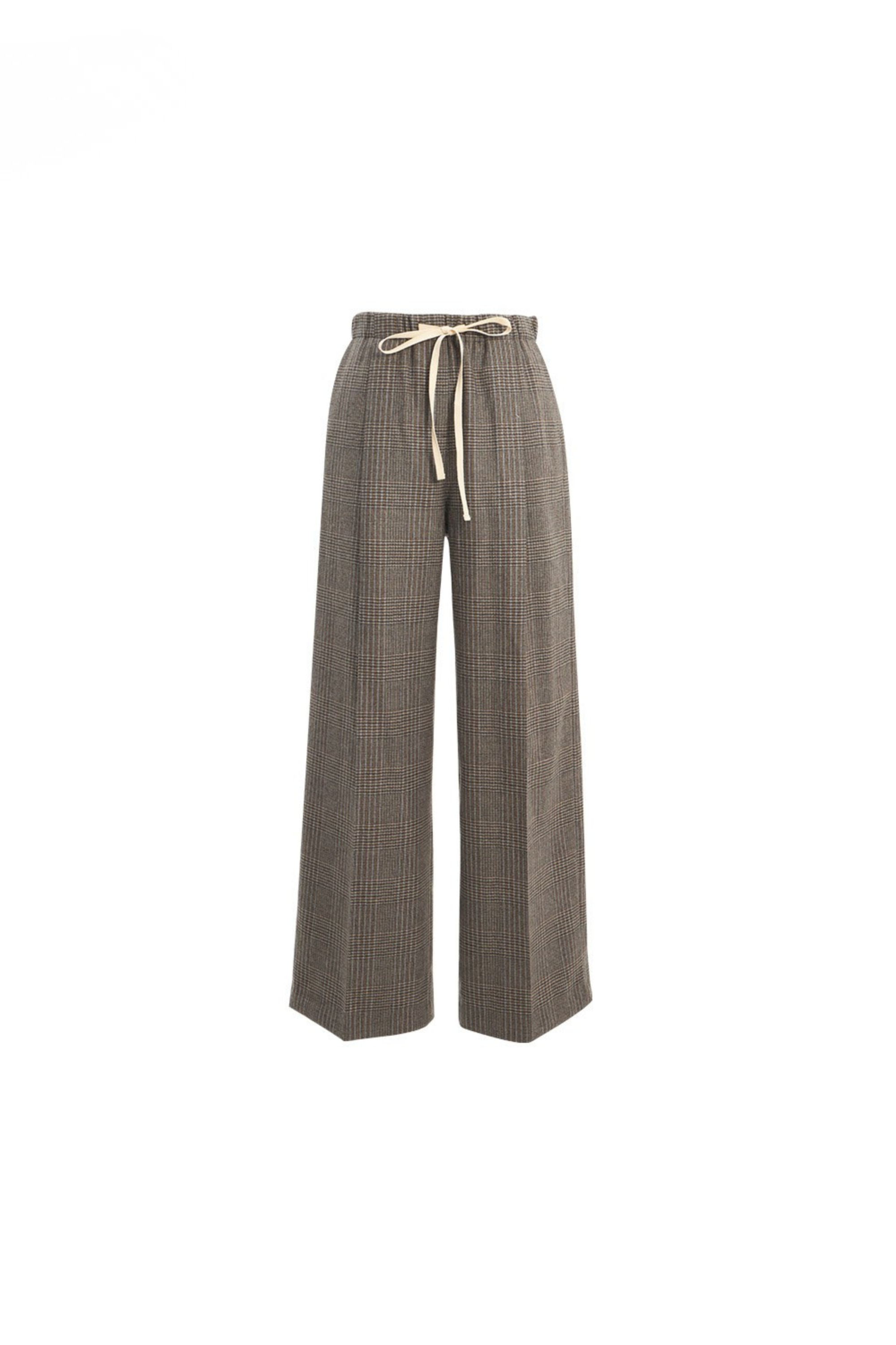 Elastic-Waist Checked Wool Drawstring Wide-Leg Pants