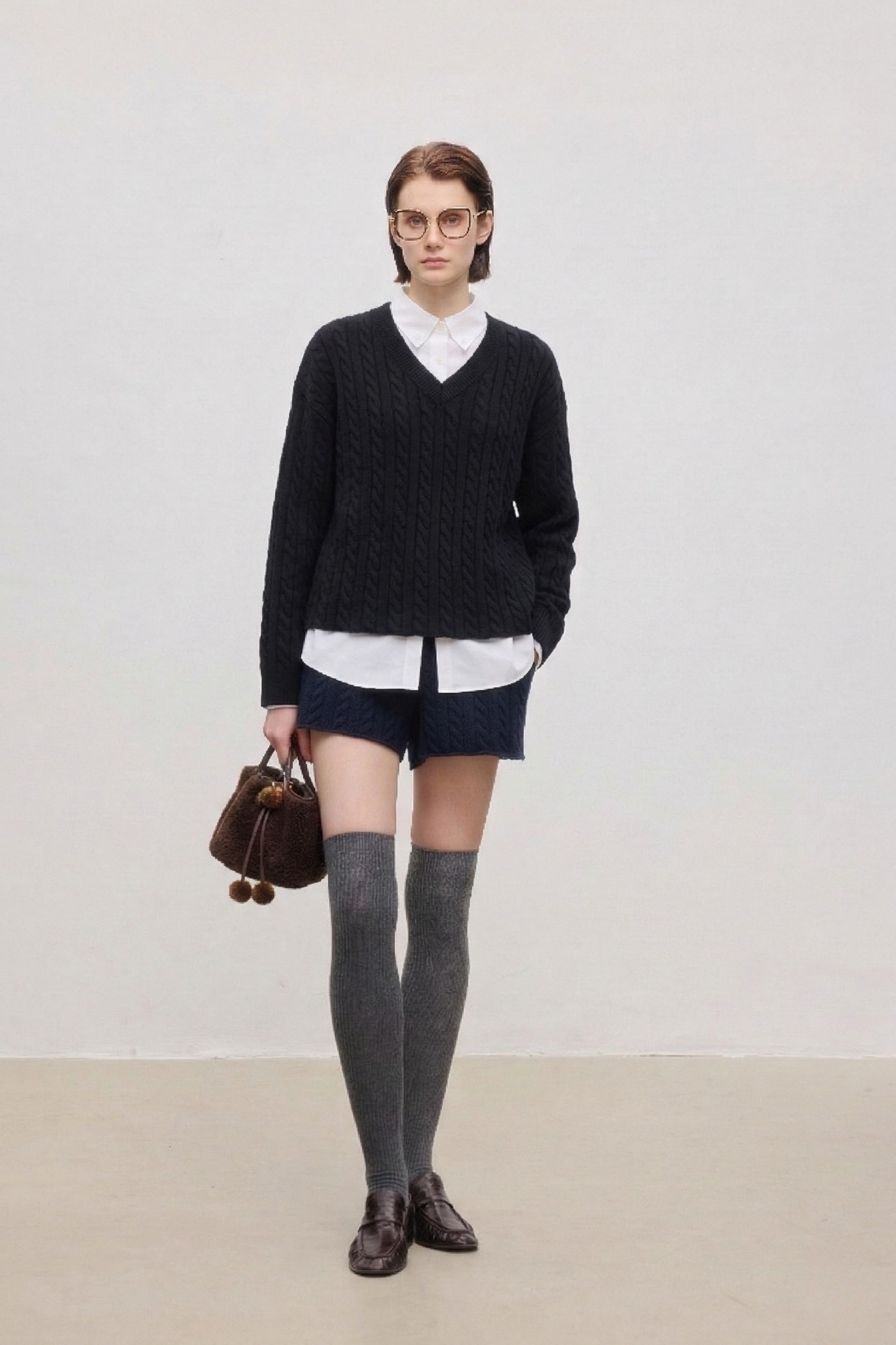 Classic Cable-Knit V-Neck Merino Wool Sweater