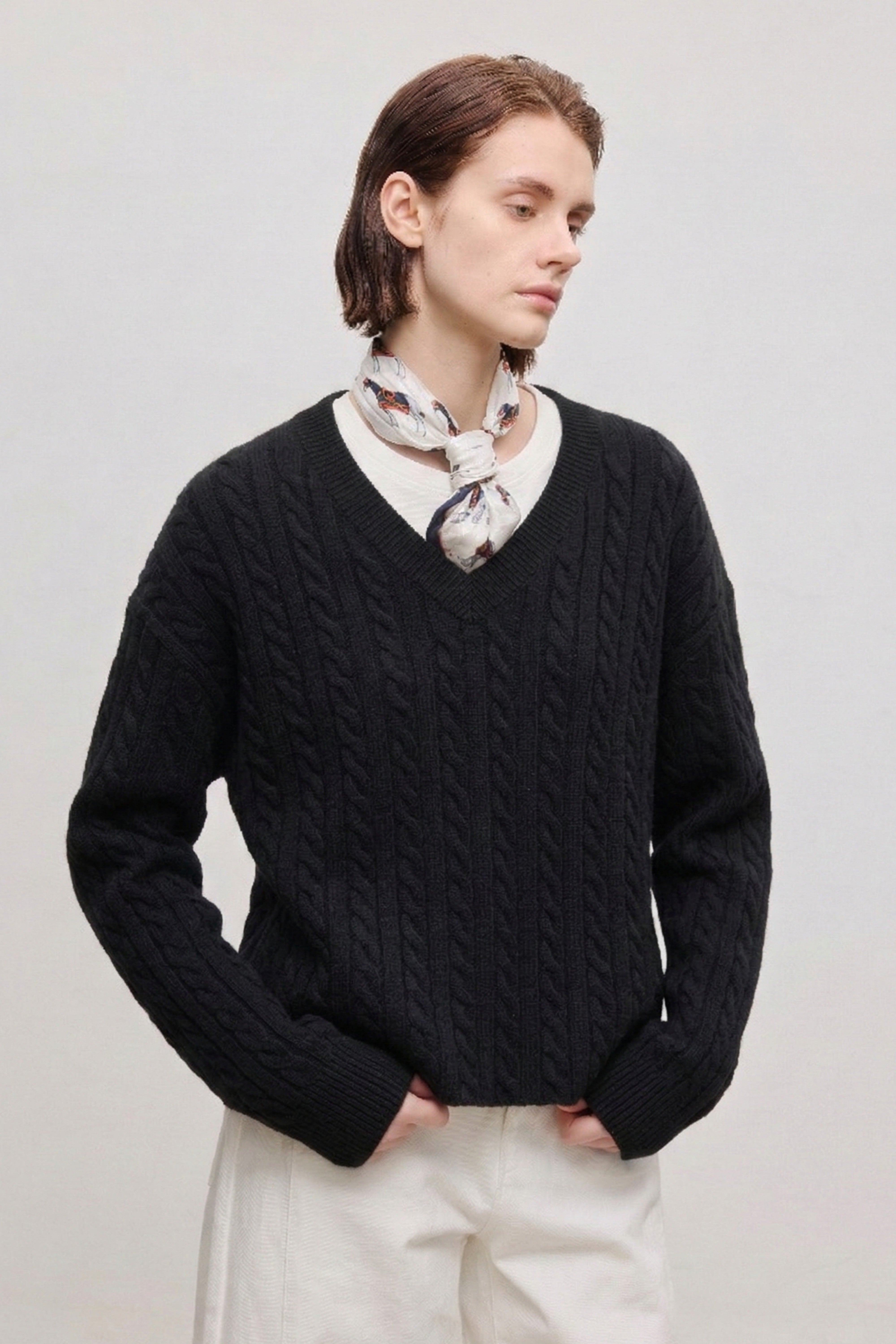 Classic Cable-Knit V-Neck Merino Wool Sweater