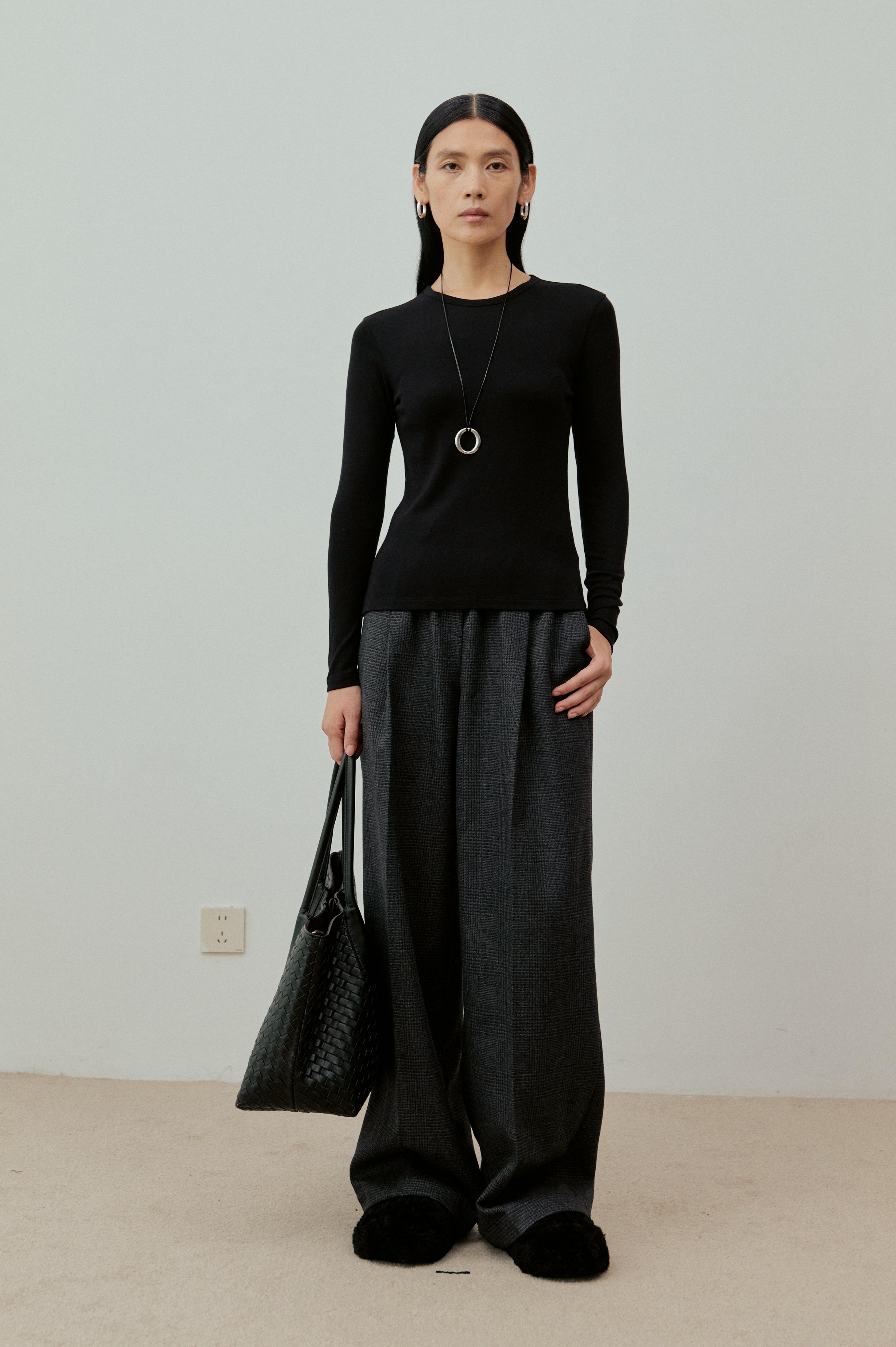Elastic-Waist Checked Wool Drawstring Wide-Leg Pants