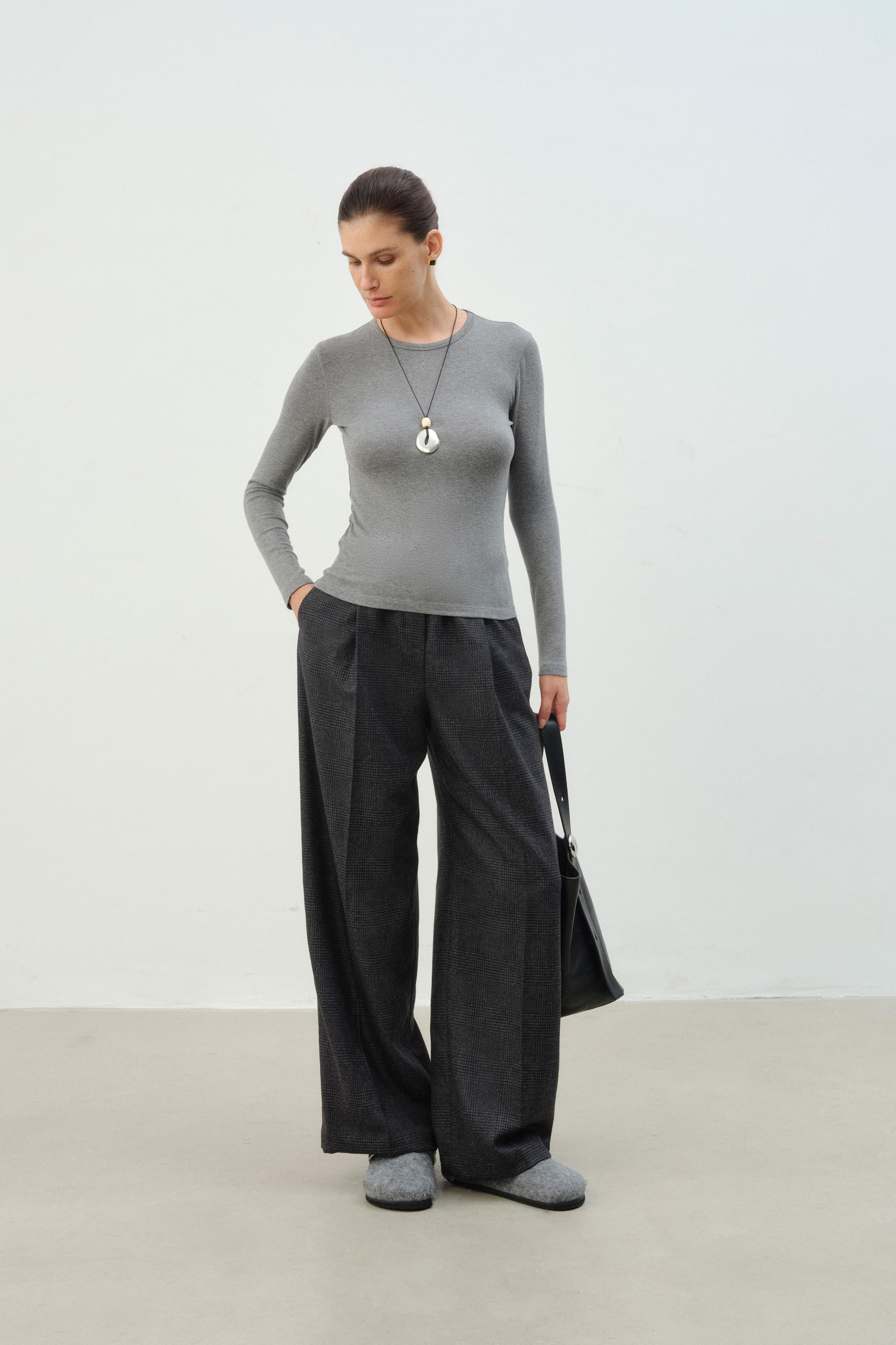 Elastic-Waist Checked Wool Drawstring Wide-Leg Pants