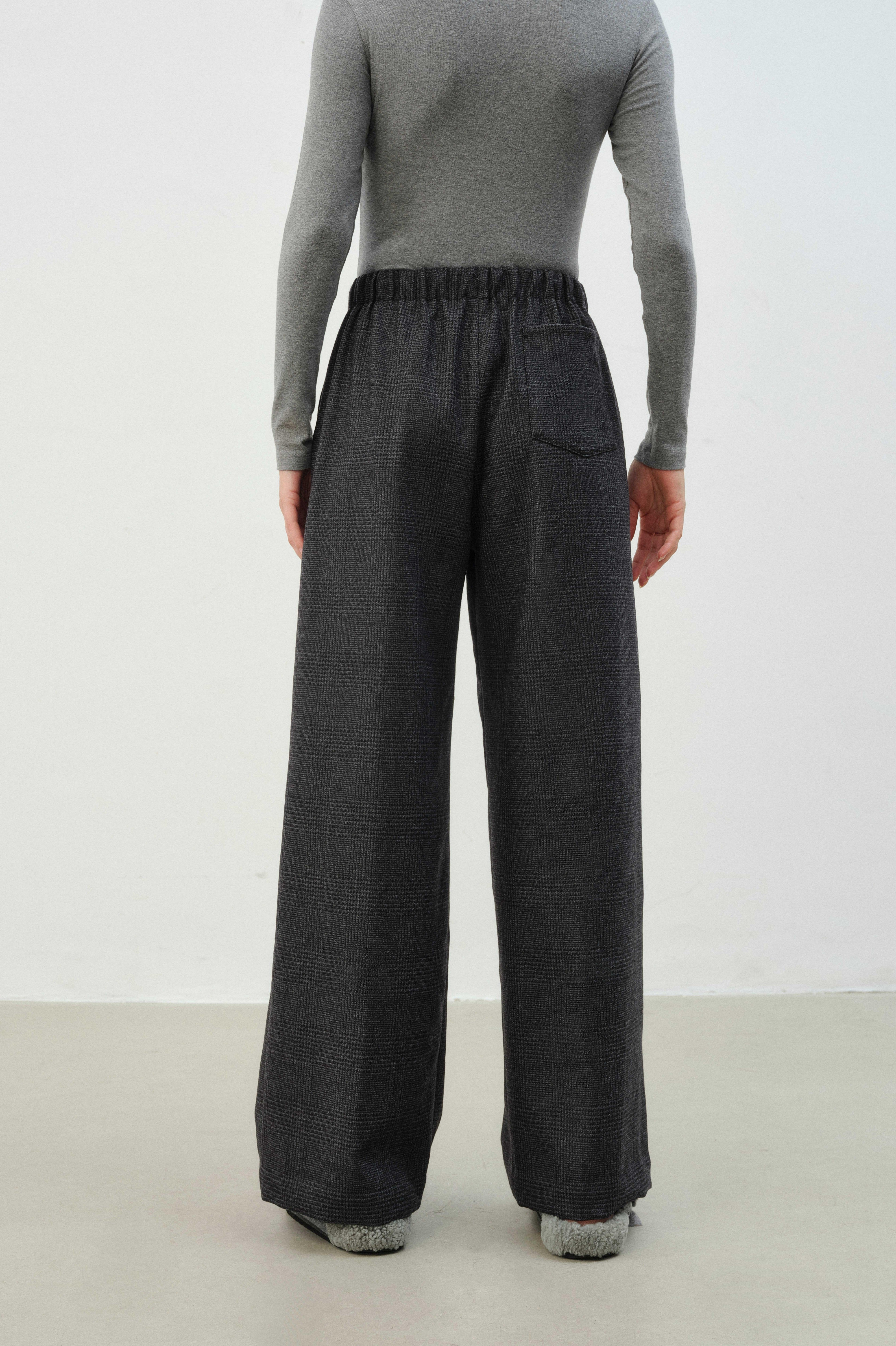 Elastic-Waist Checked Wool Drawstring Wide-Leg Pants