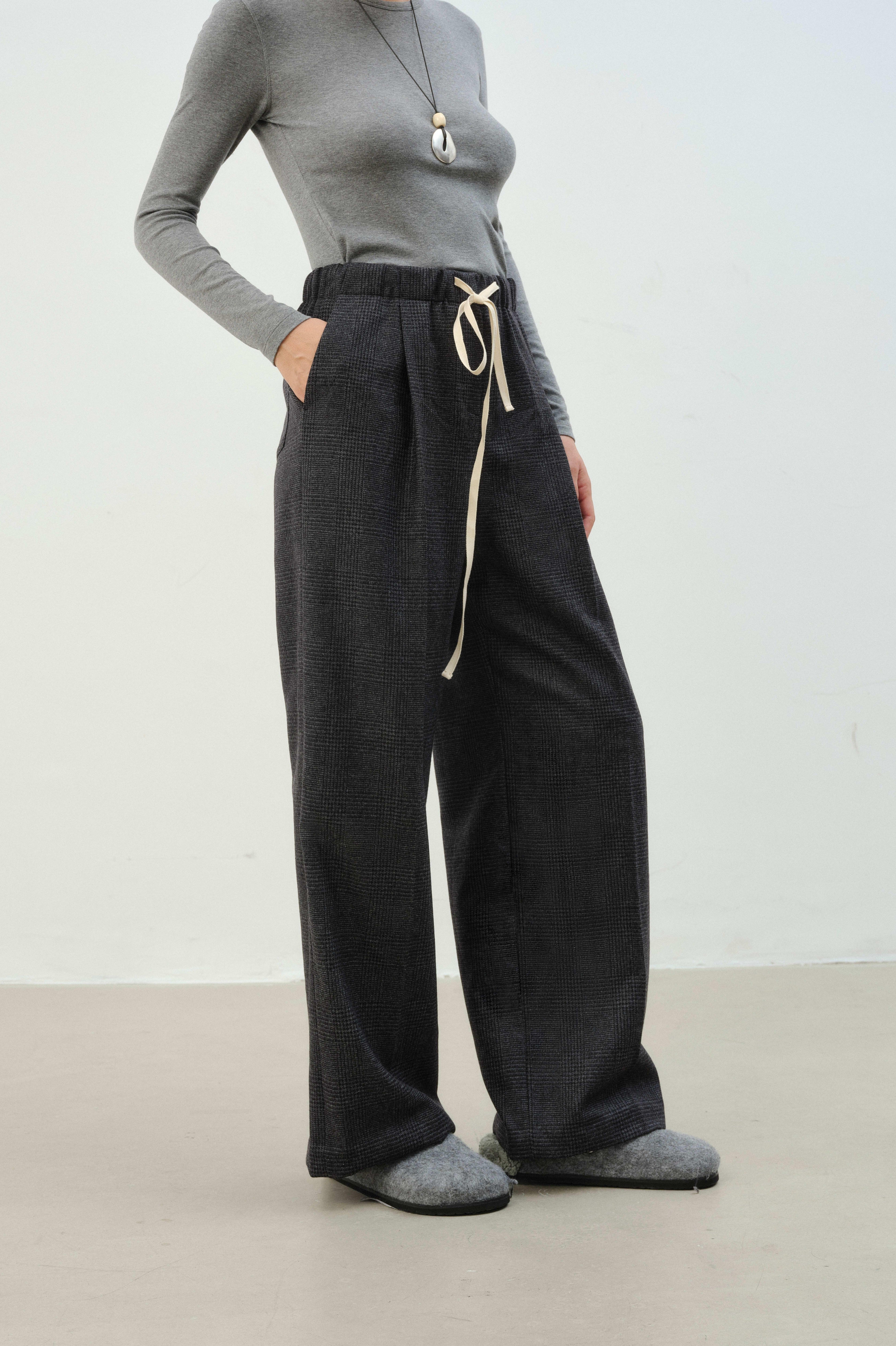 Elastic-Waist Checked Wool Drawstring Wide-Leg Pants