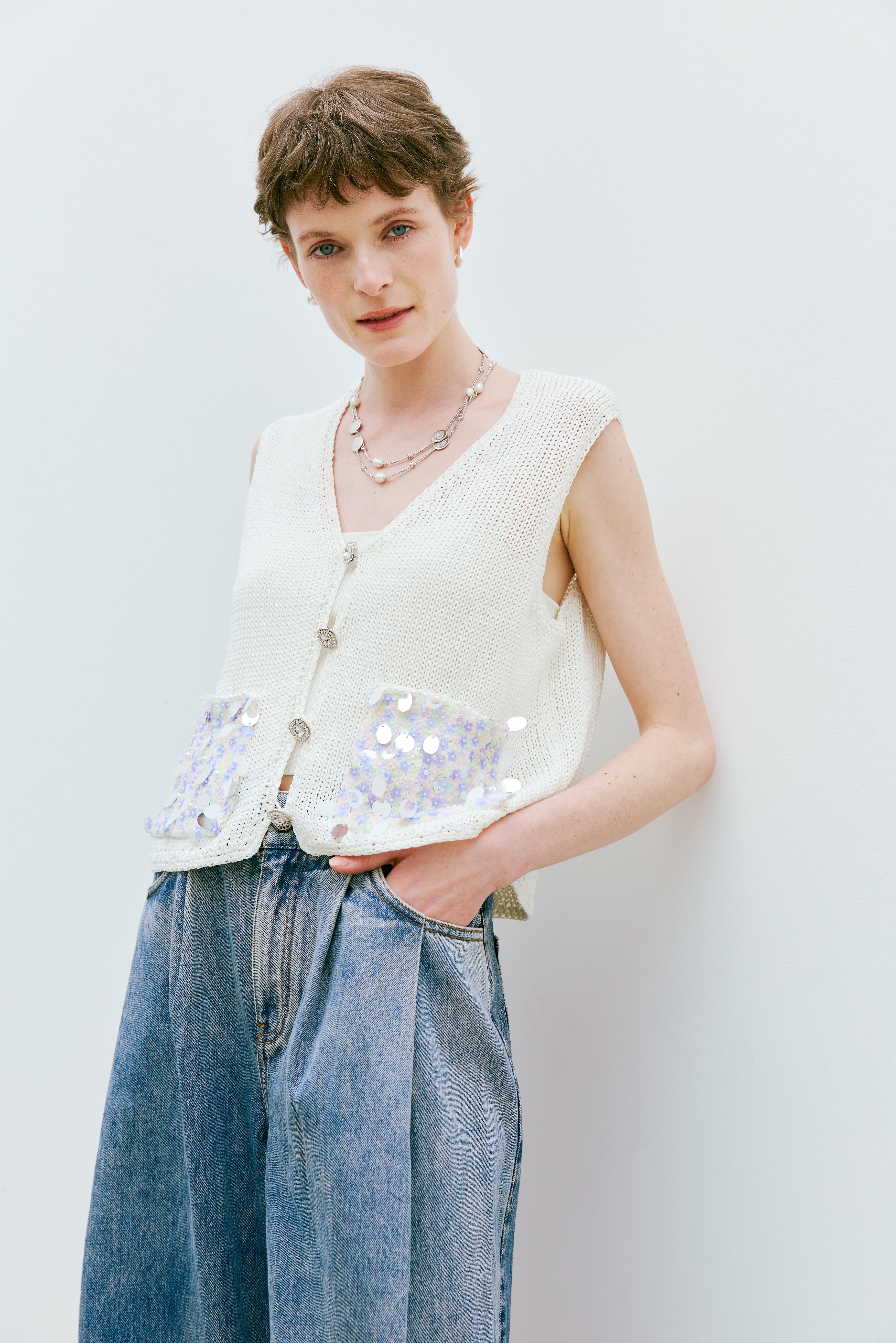 Sequin Button Knit Vest