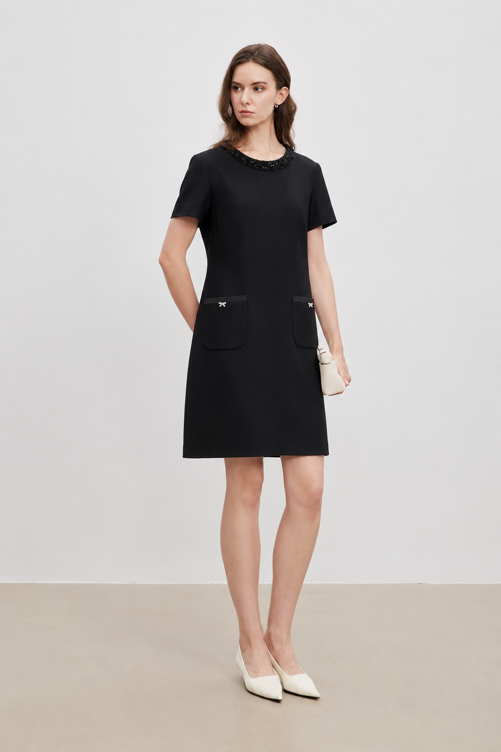 Wool-Silk Blend Embellished Collar Mini Dress