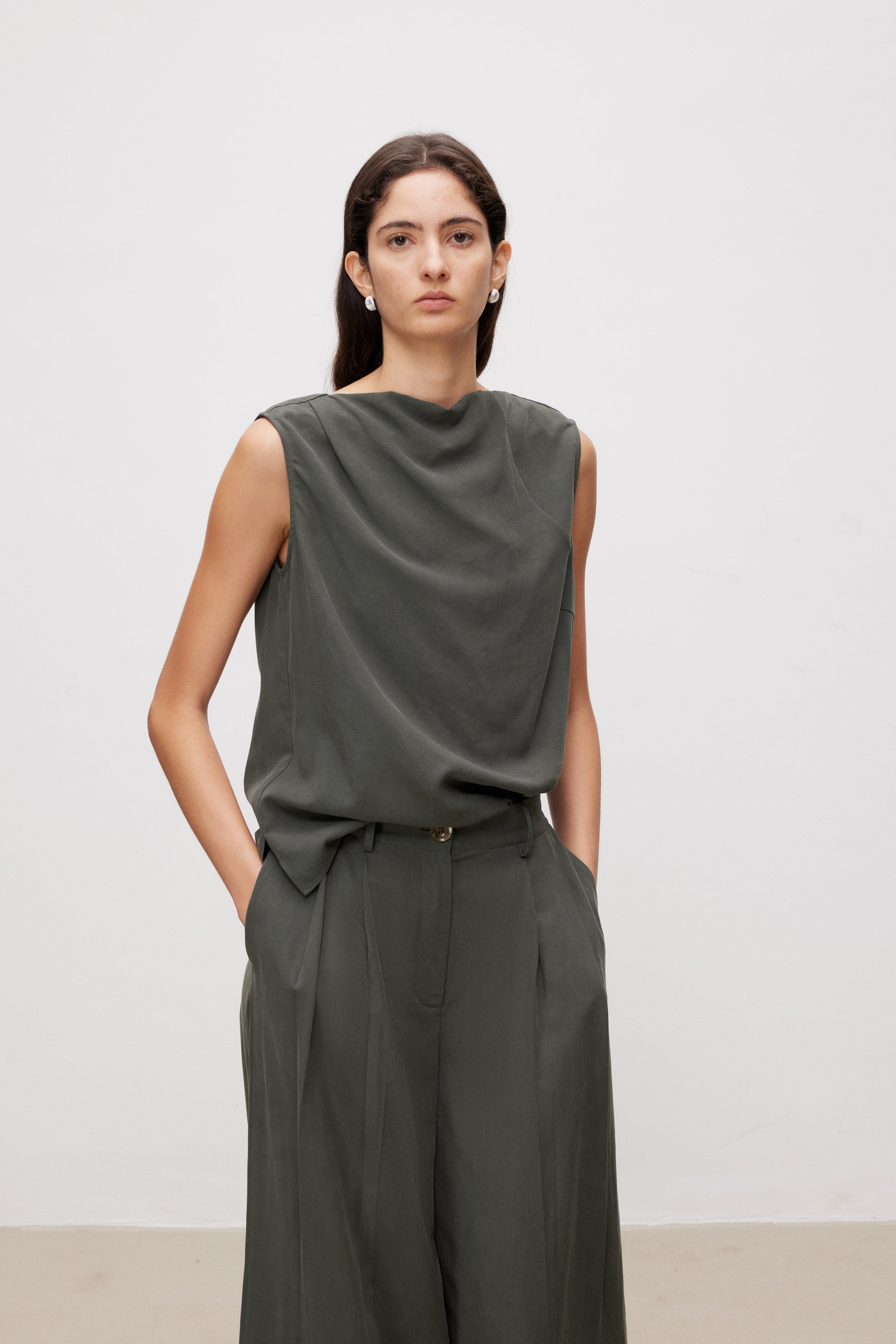 Lyocell Linen Blend Draped Sleeveless Top