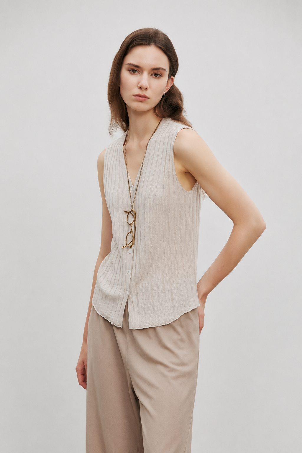 Vertical Texture Wool-Linen Blend Knit Vest