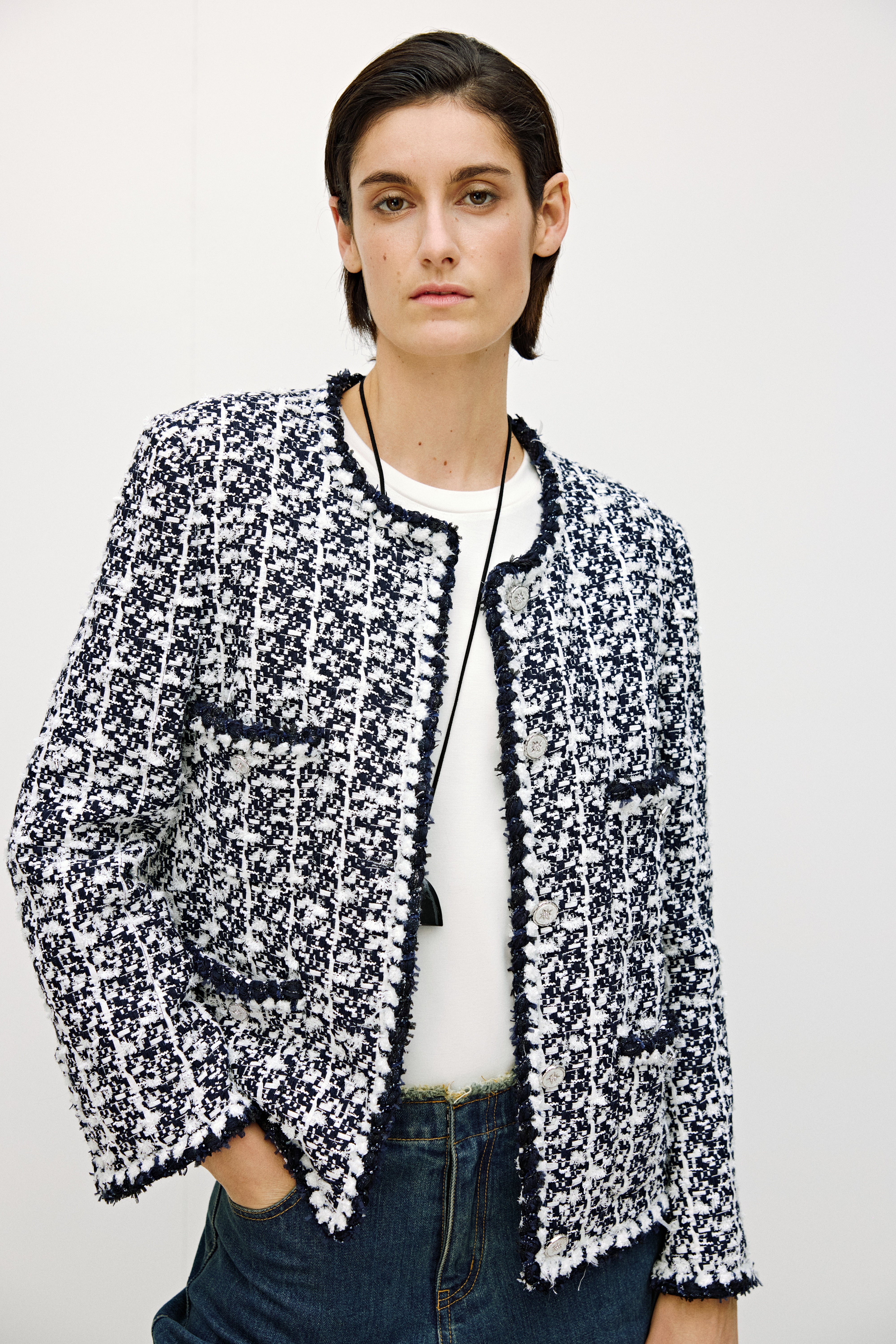 Black & White Bouclé Tweed Cropped Jacket