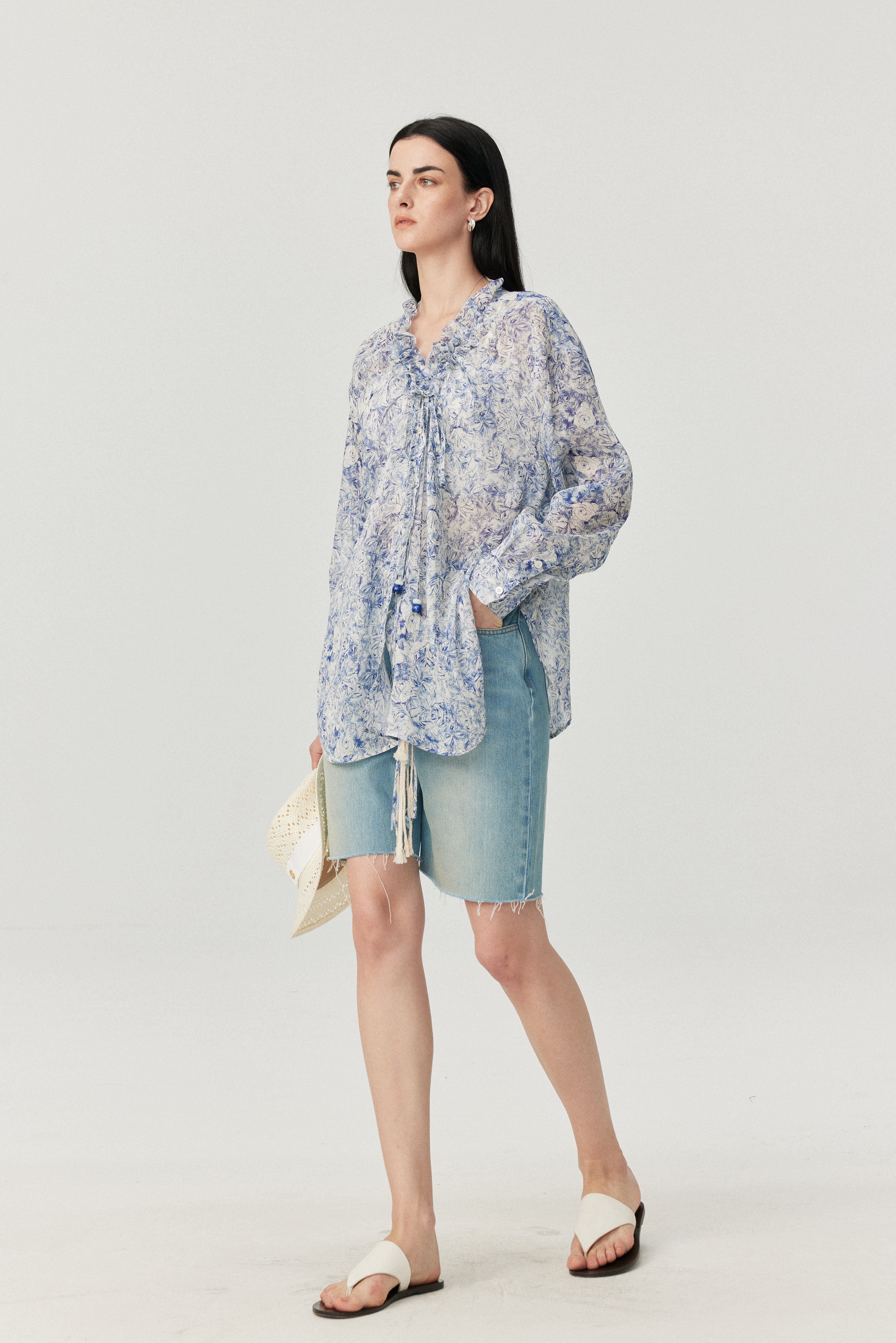 Silk Linen Blend Blue Botanical Printed Shirt