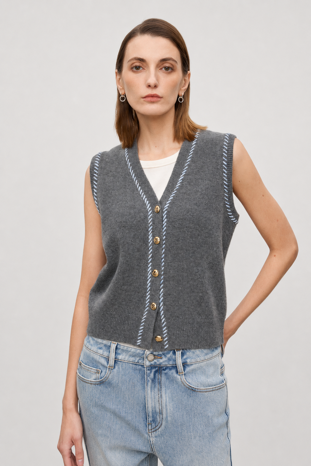 Contrast Stitch Wool Knit Vest
