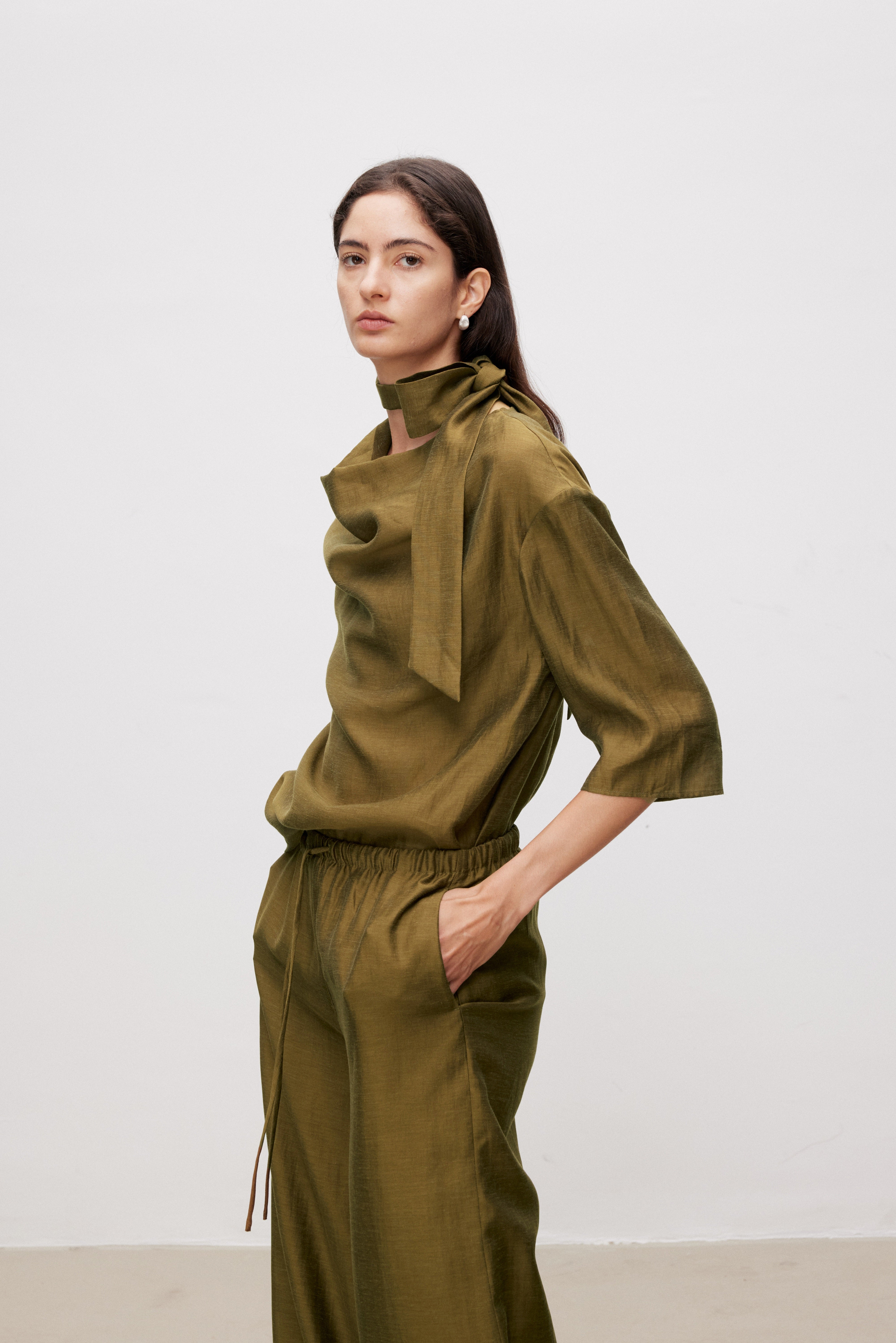 Draped Neck Linen Blend Top with Tie Belt