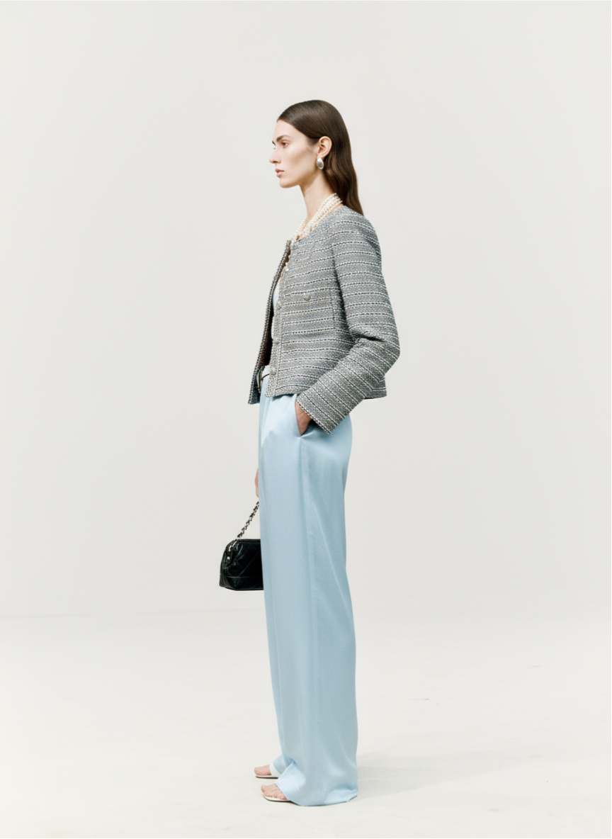 Contrast Crystal Button Cropped Bouclé Jacket