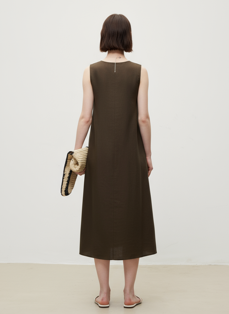 Linen V-Neck Sleeveless V-Neck Midi Dress