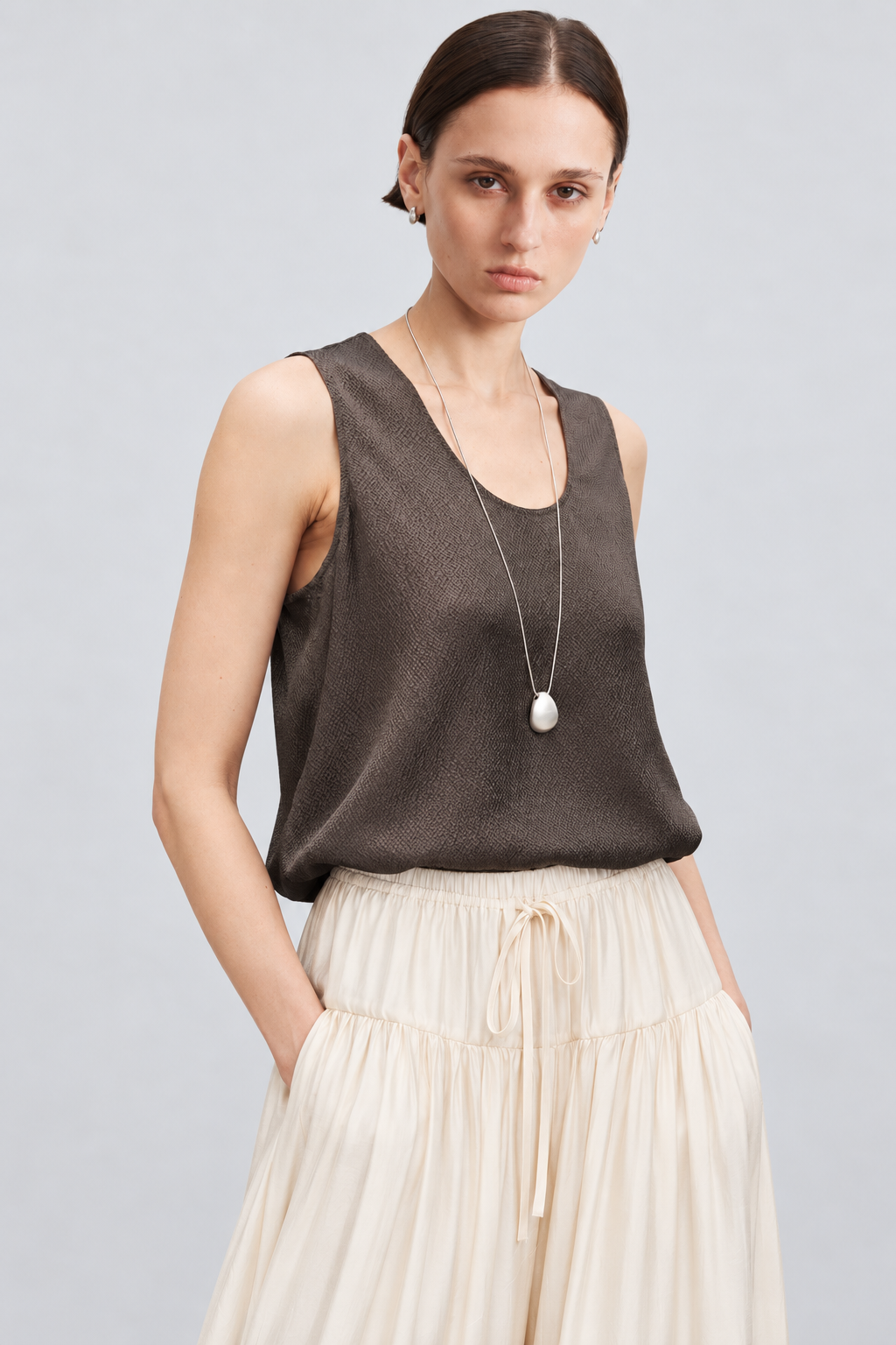 Minimal Pearl-Sheen Silk Satin Scoop-Neck Tank