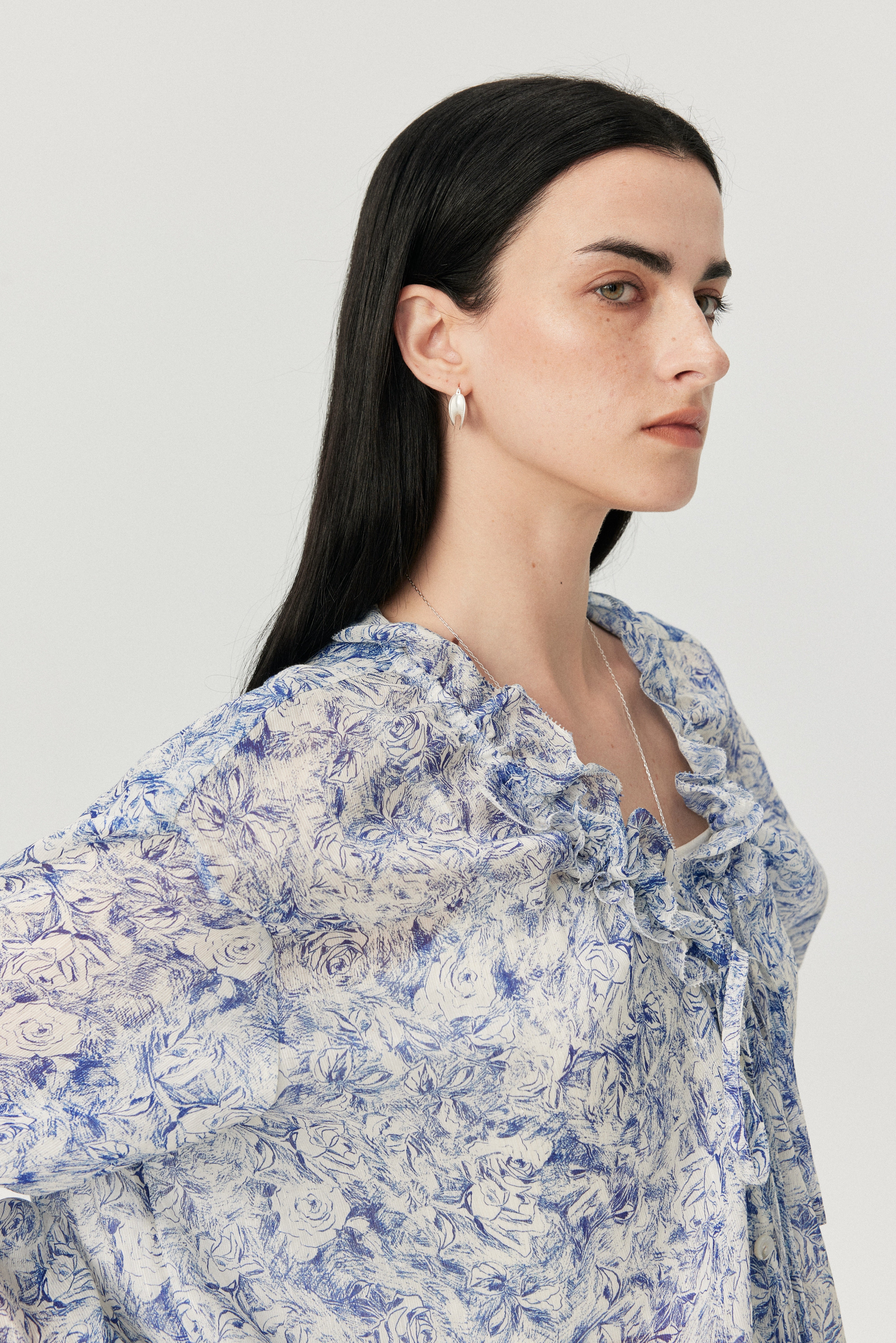 Silk Linen Blend Blue Botanical Printed Shirt