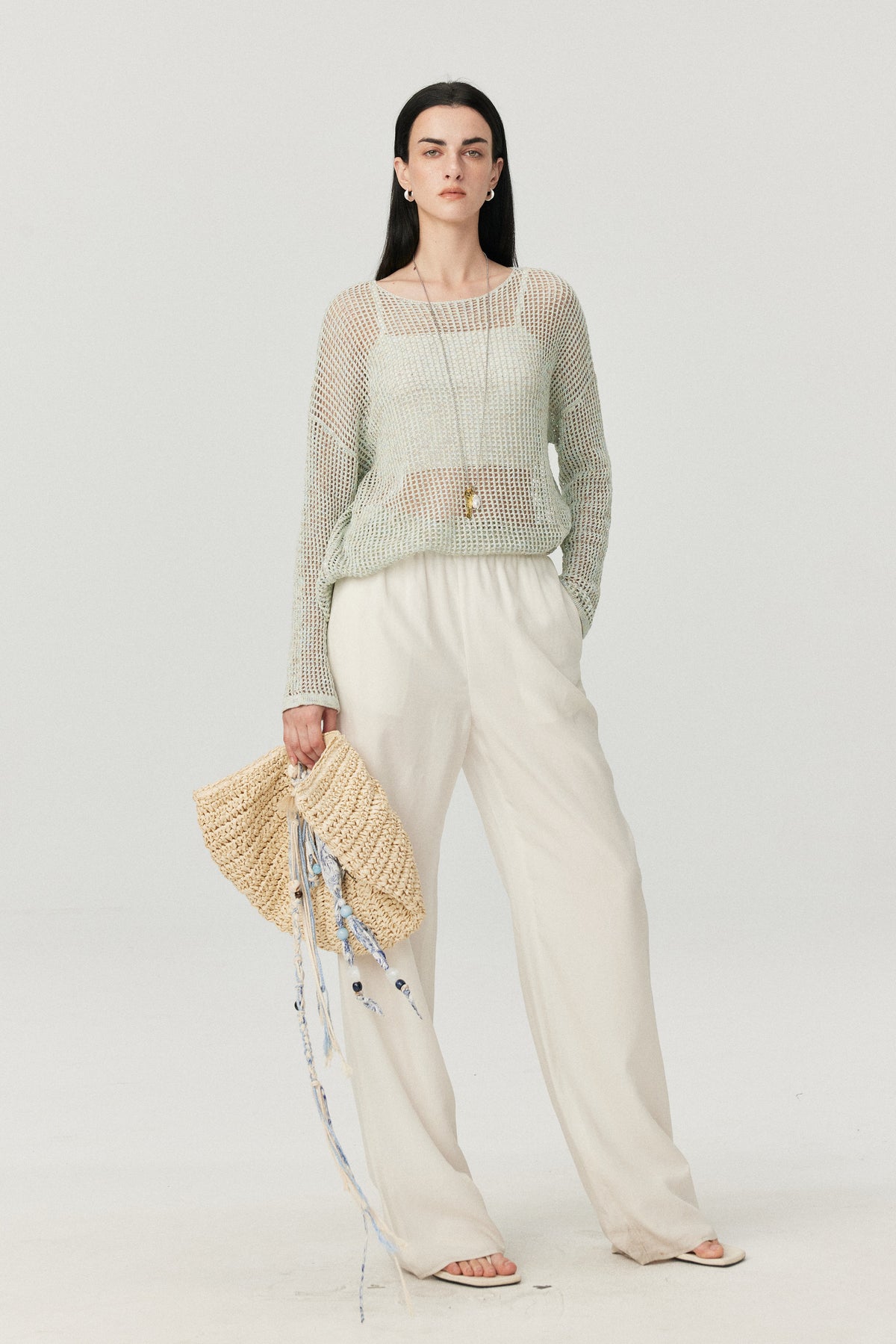 Relaxed Mesh Open-Knit Long-Sleeve Top