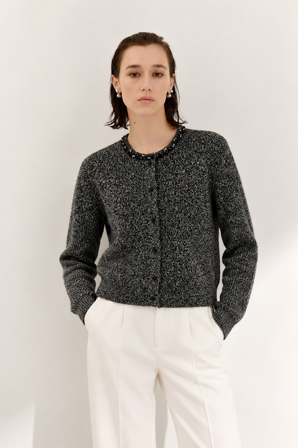 Floral-Trim Wool Blend Cardigan