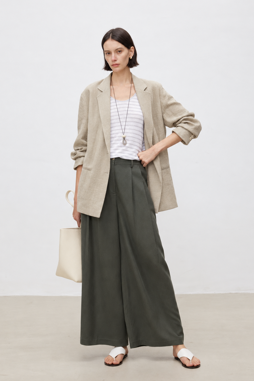 A woman models a stylish outfit consisting of an oversized beige blazer, a white and gray striped tank top, dark olive green wide-leg trousers, white slide sandals, and a cream-colored tote bag, set against a minimalist light gray studio background.