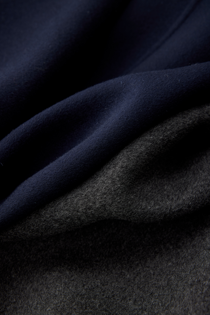 Leather Trim Double Face Draped-Collar Wool Coat
