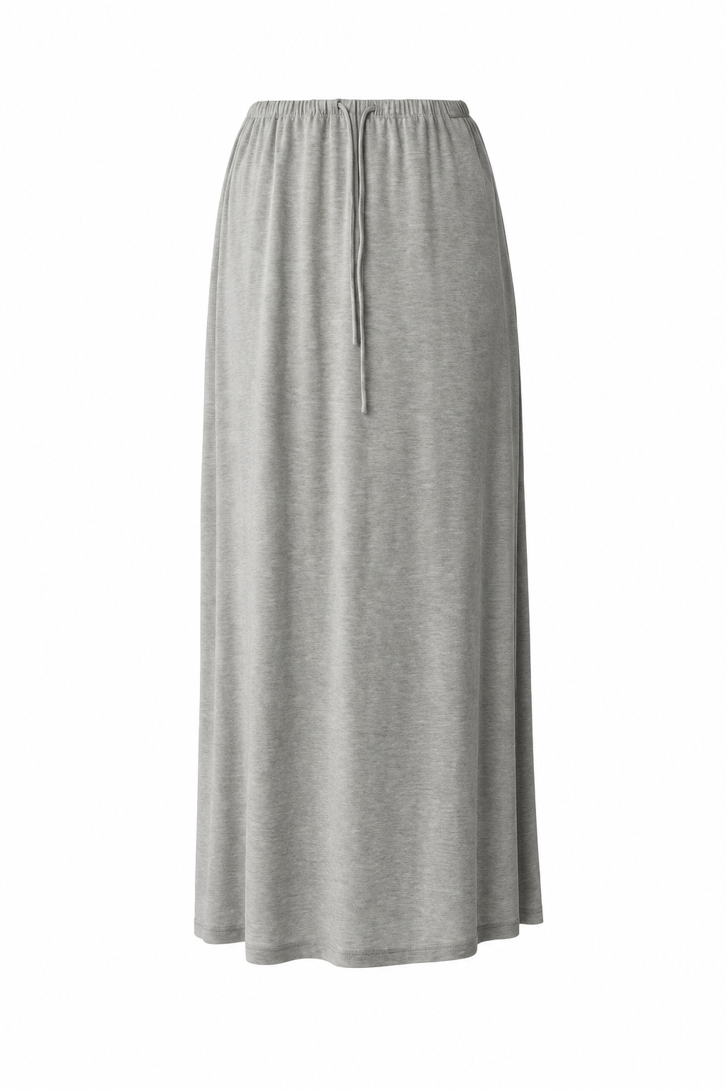A light gray heathered midi skirt with an elastic waistband and a drawstring detail, shown against a plain white background.