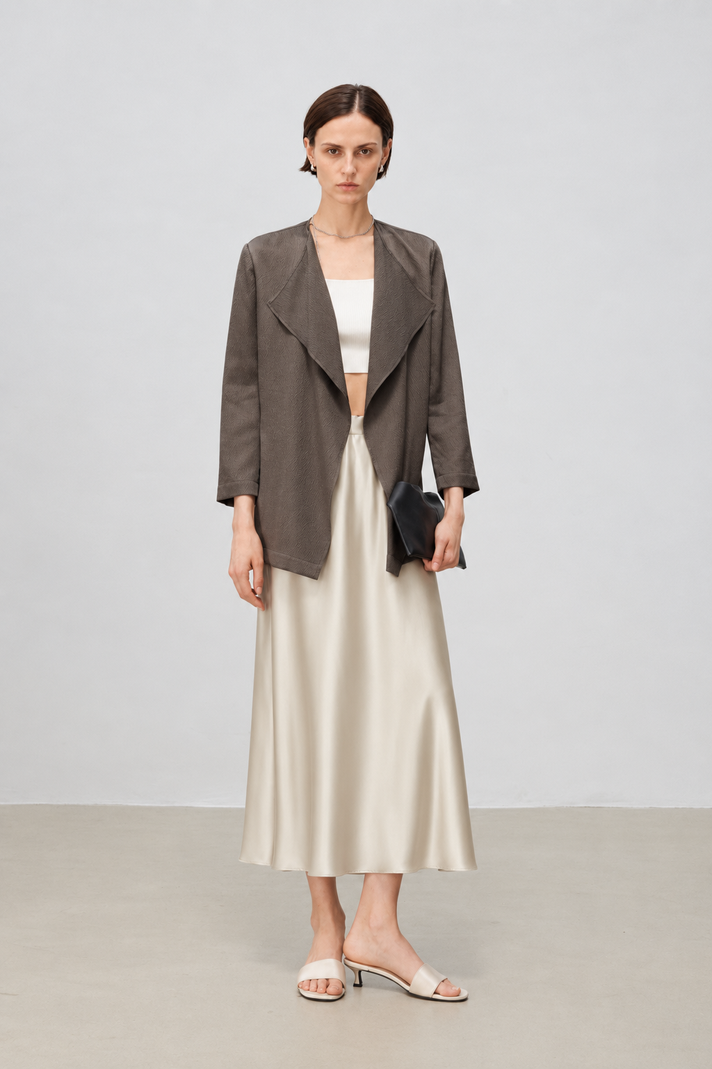 Pearl-Sheen Silk Satin Draped-Collar Wrap Top