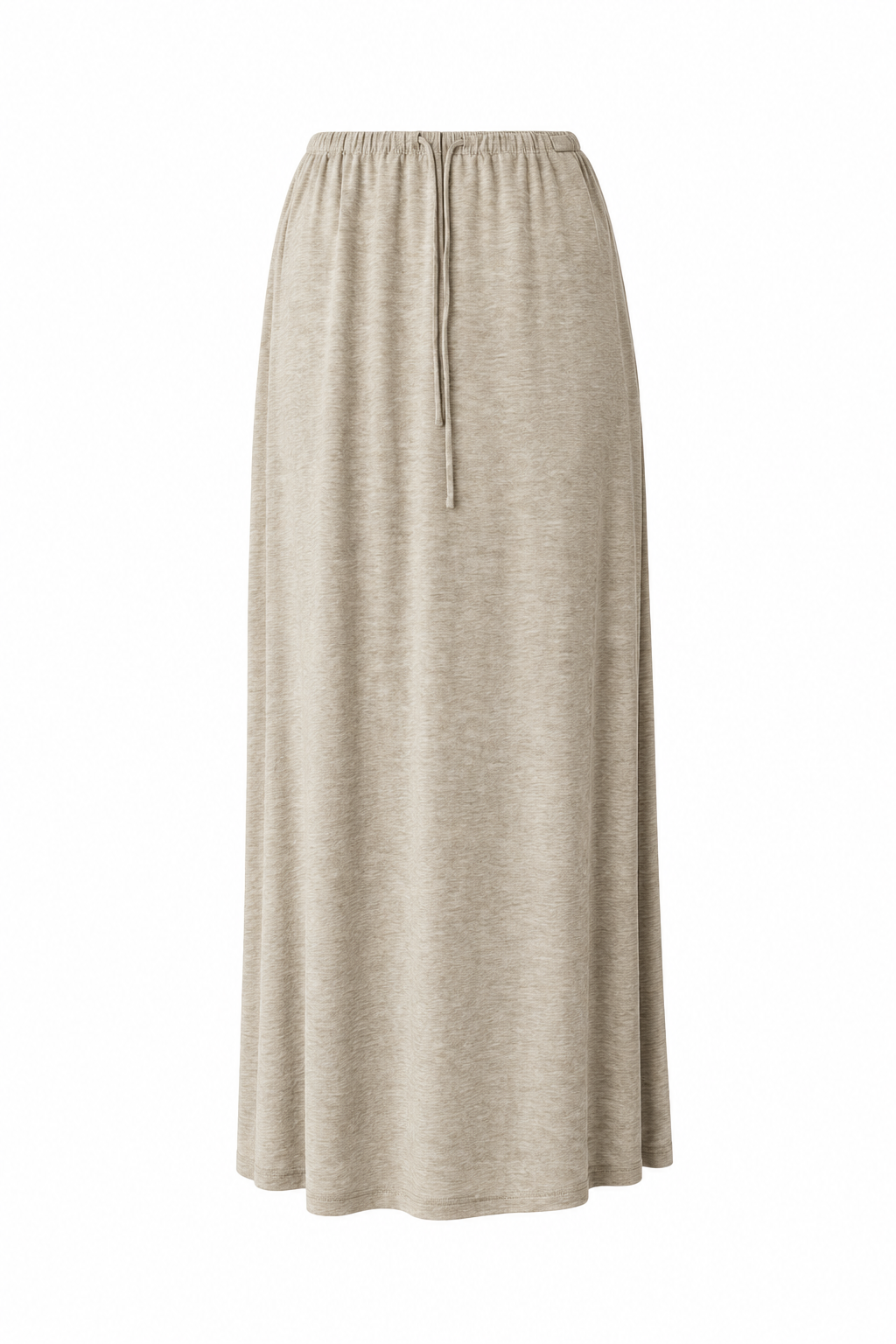 A light beige heathered maxi skirt with an elastic waistband and a drawstring, shown against a plain white background.