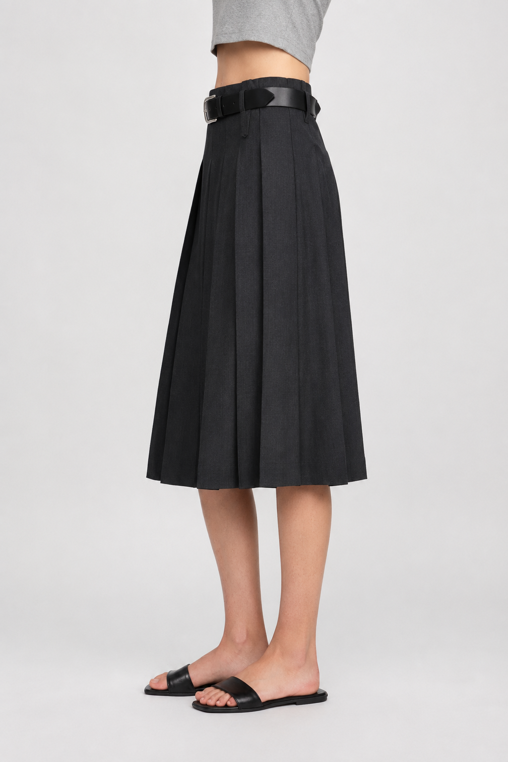Tailored Pleated Wool Skirt with Belt