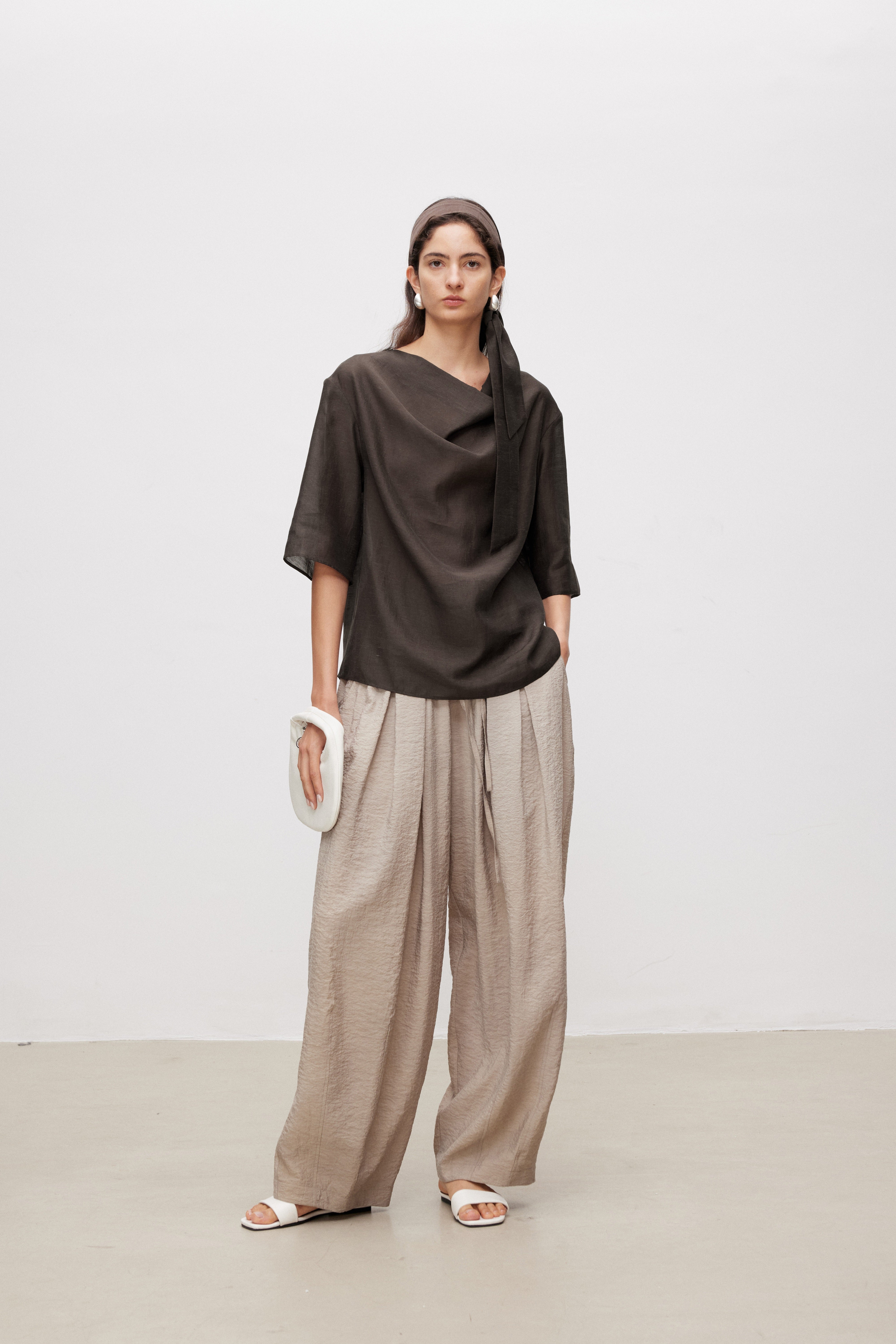 Draped Neck Linen Blend Top with Tie Belt