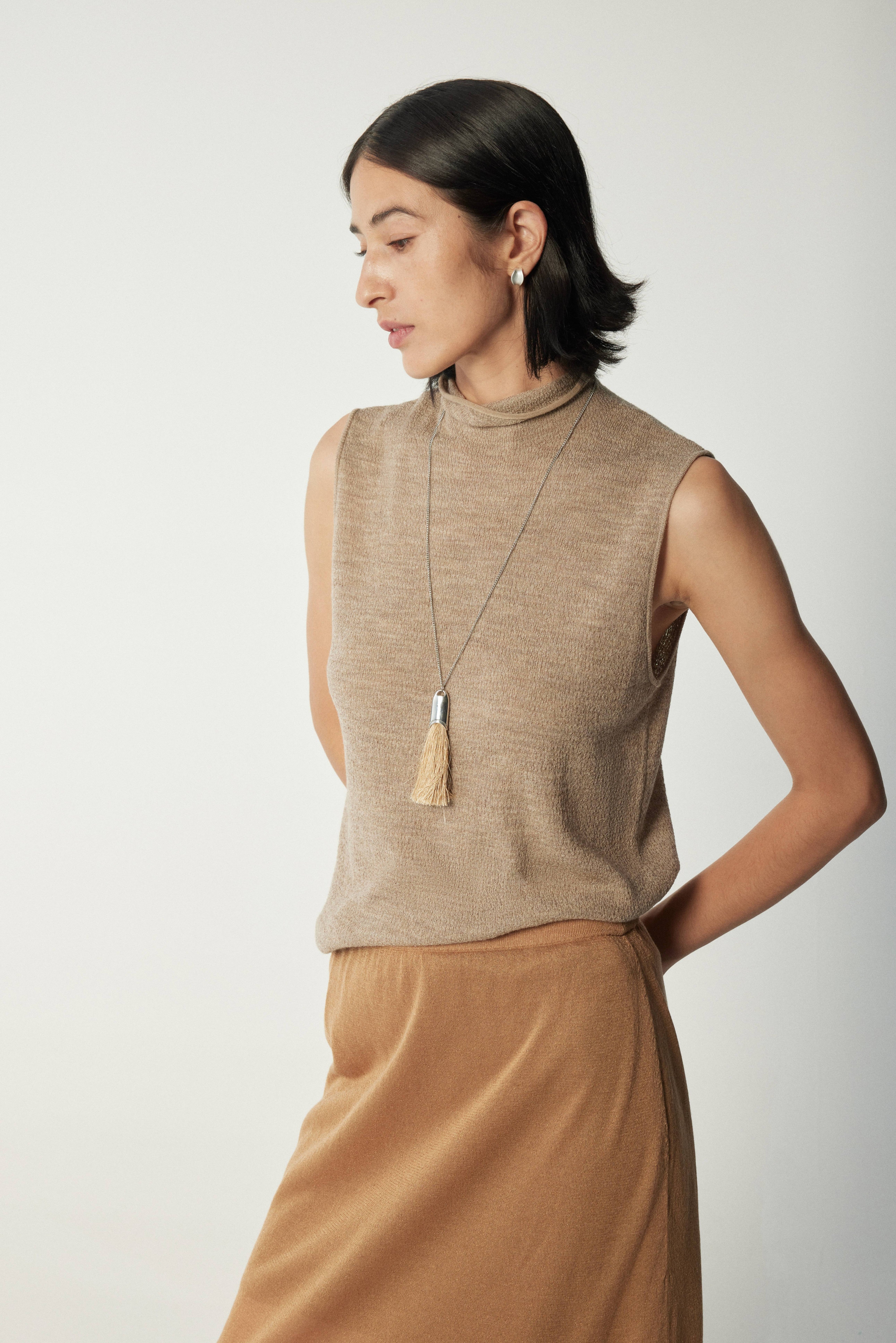 Lightweight Wool-Triacetate Sleeveless Turtleneck Knit Top