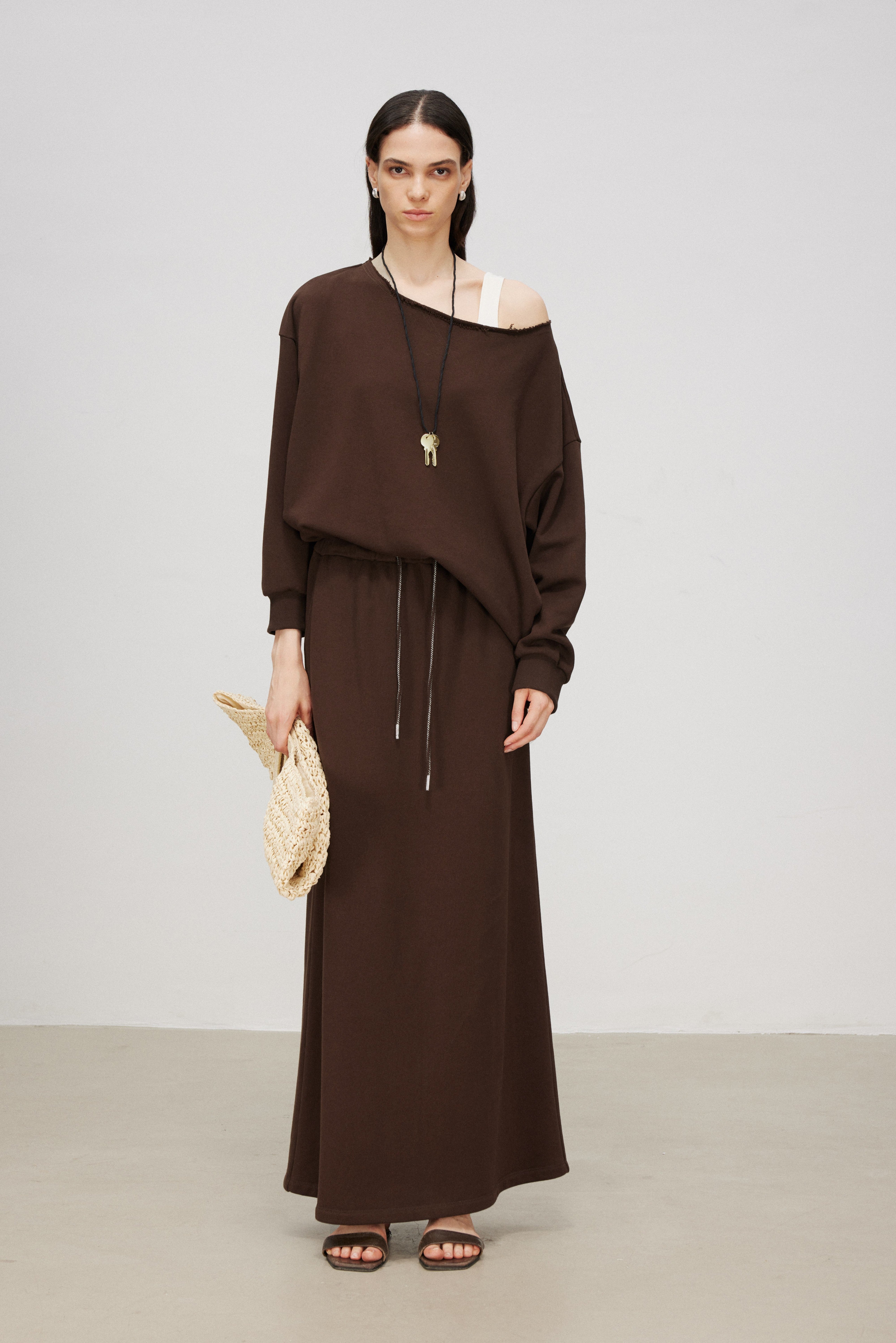 Cotton Knit A-Line Drawstring Long Skirt