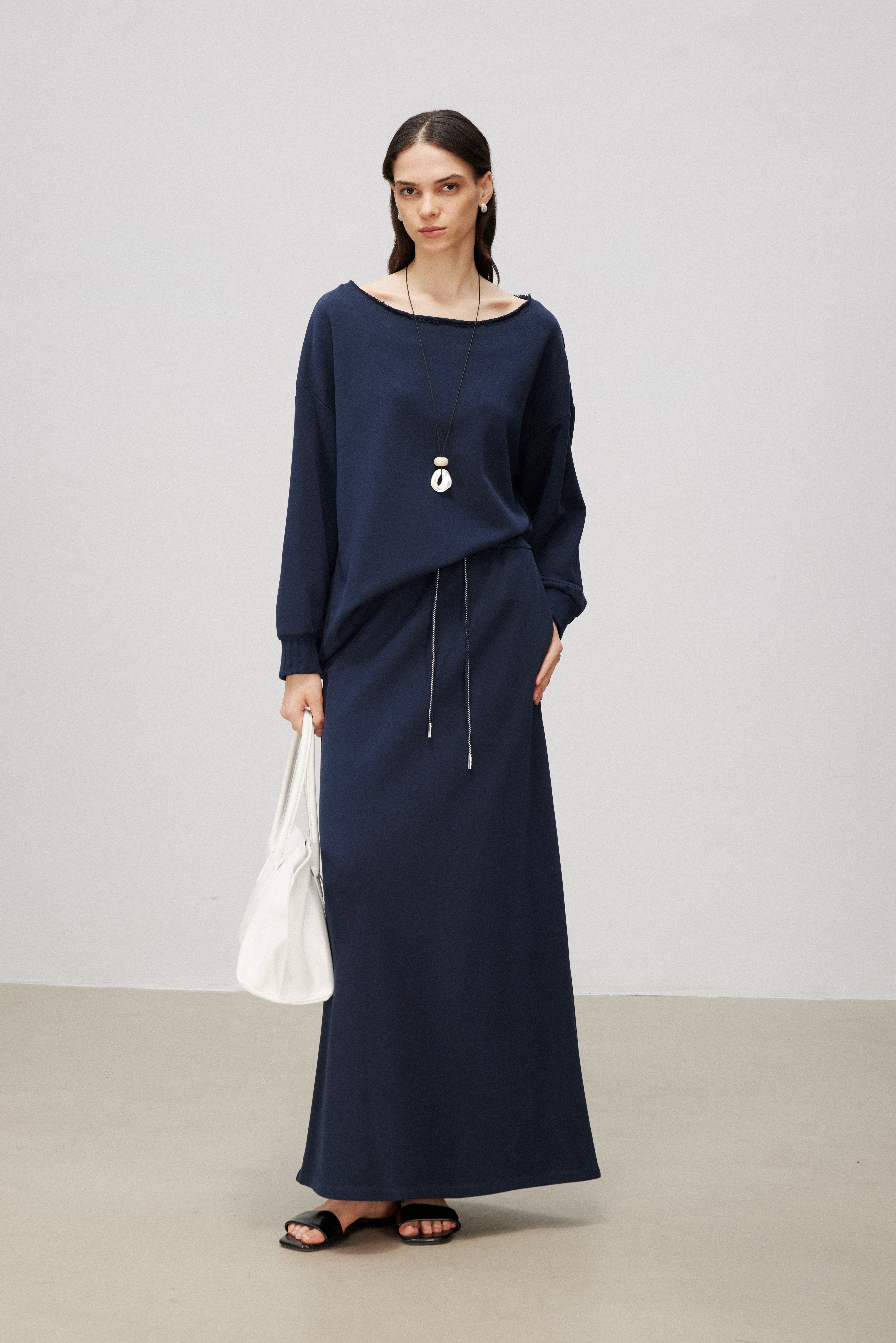Cotton Knit A-Line Drawstring Long Skirt