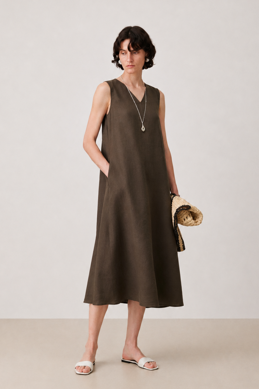 A woman models a sleeveless, knee-length brown dress with a relaxed, flowy silhouette. She is standing against a neutral, light beige studio background, holding a small woven straw bag and wearing white slide sandals.
