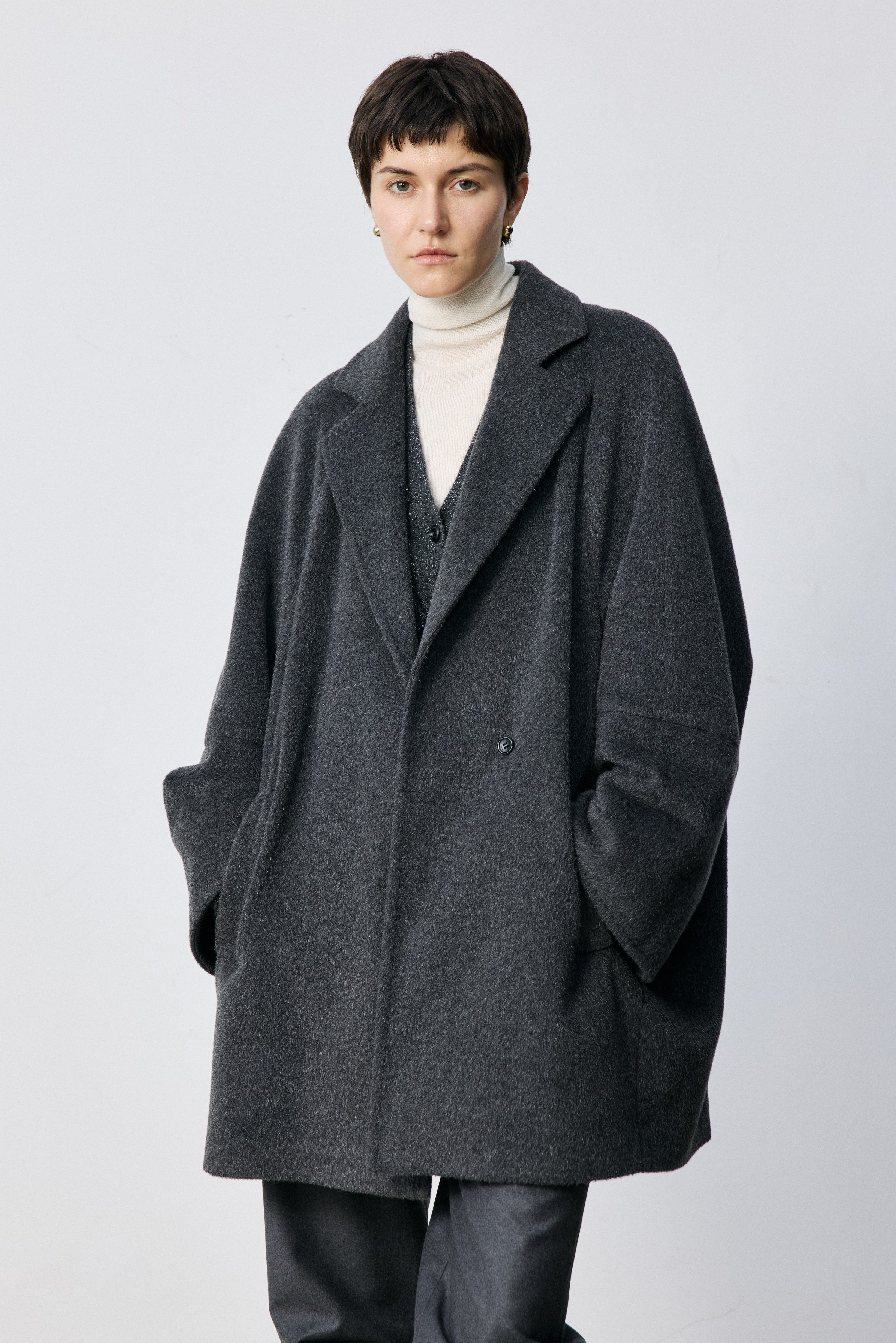 Cocoon-Shape Alpaca-Mohair Wool-Blend Coat