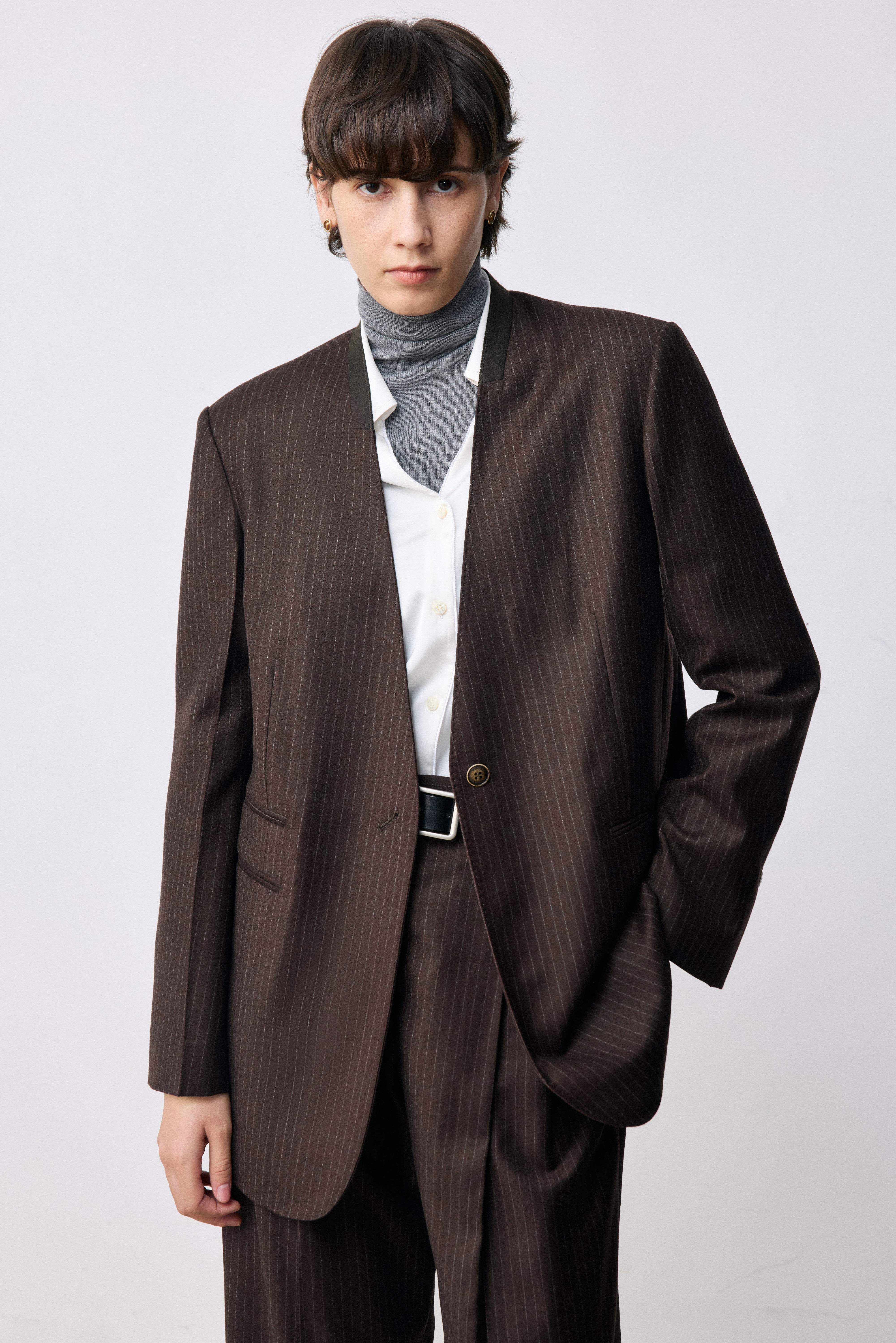Marzotto Super 110s Merino Wool Collarless Pinstripe Blazer