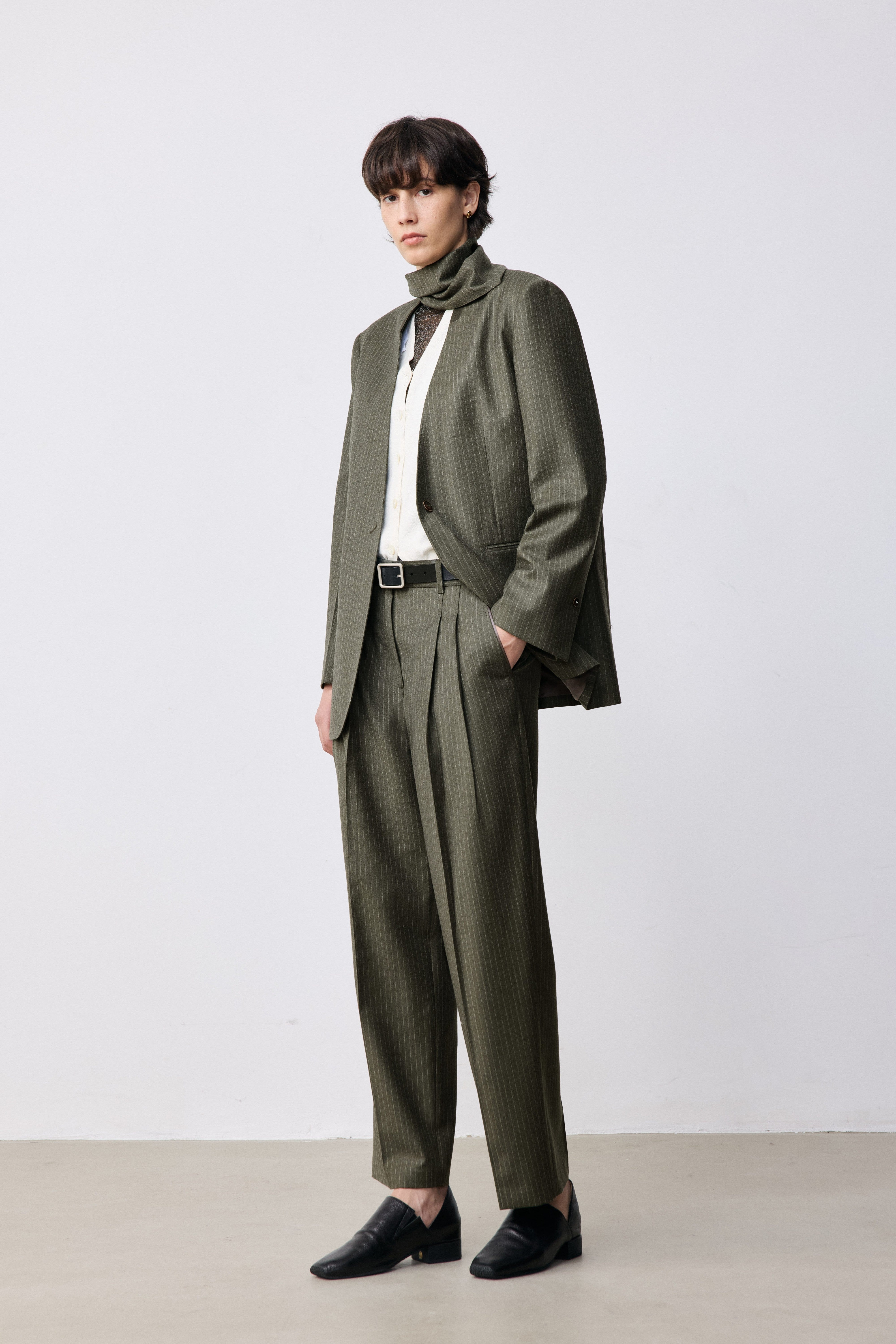 Marzotto Super 110s Merino Wool Collarless Pinstripe Blazer