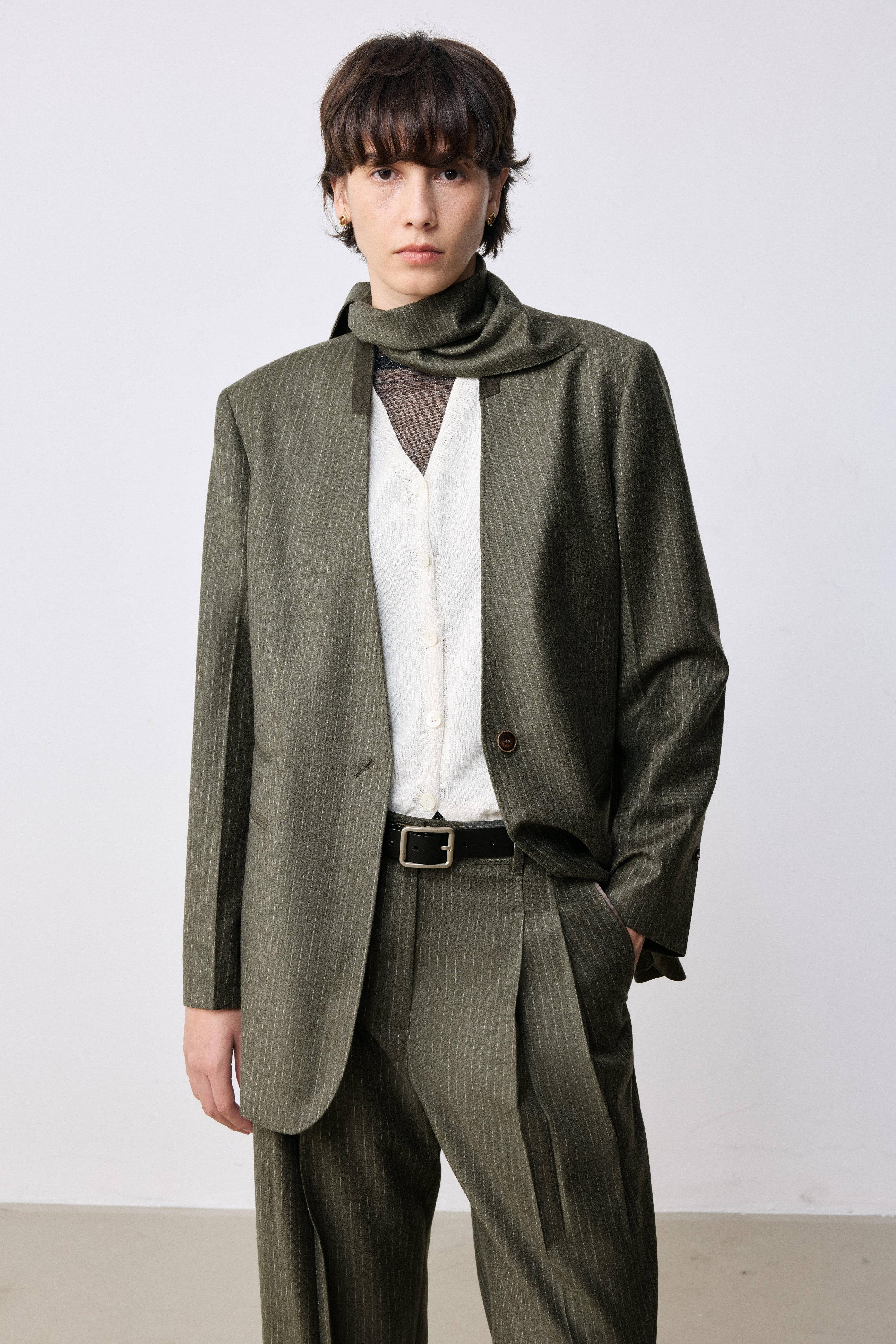 Marzotto Super 110s Merino Wool Collarless Pinstripe Blazer