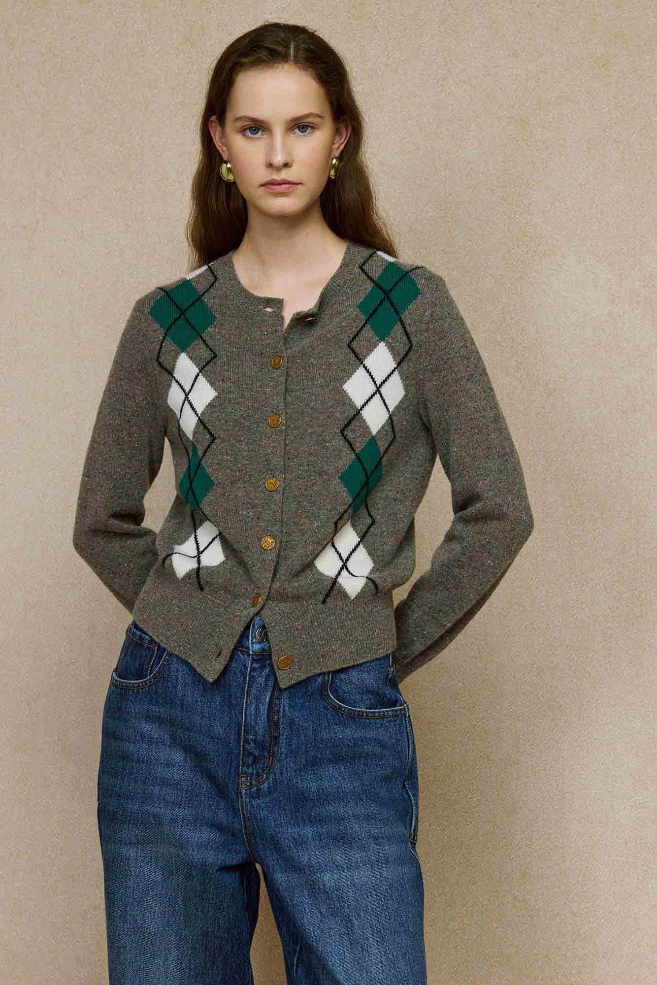 Classic Argyle 100% Merino Wool Cardigan