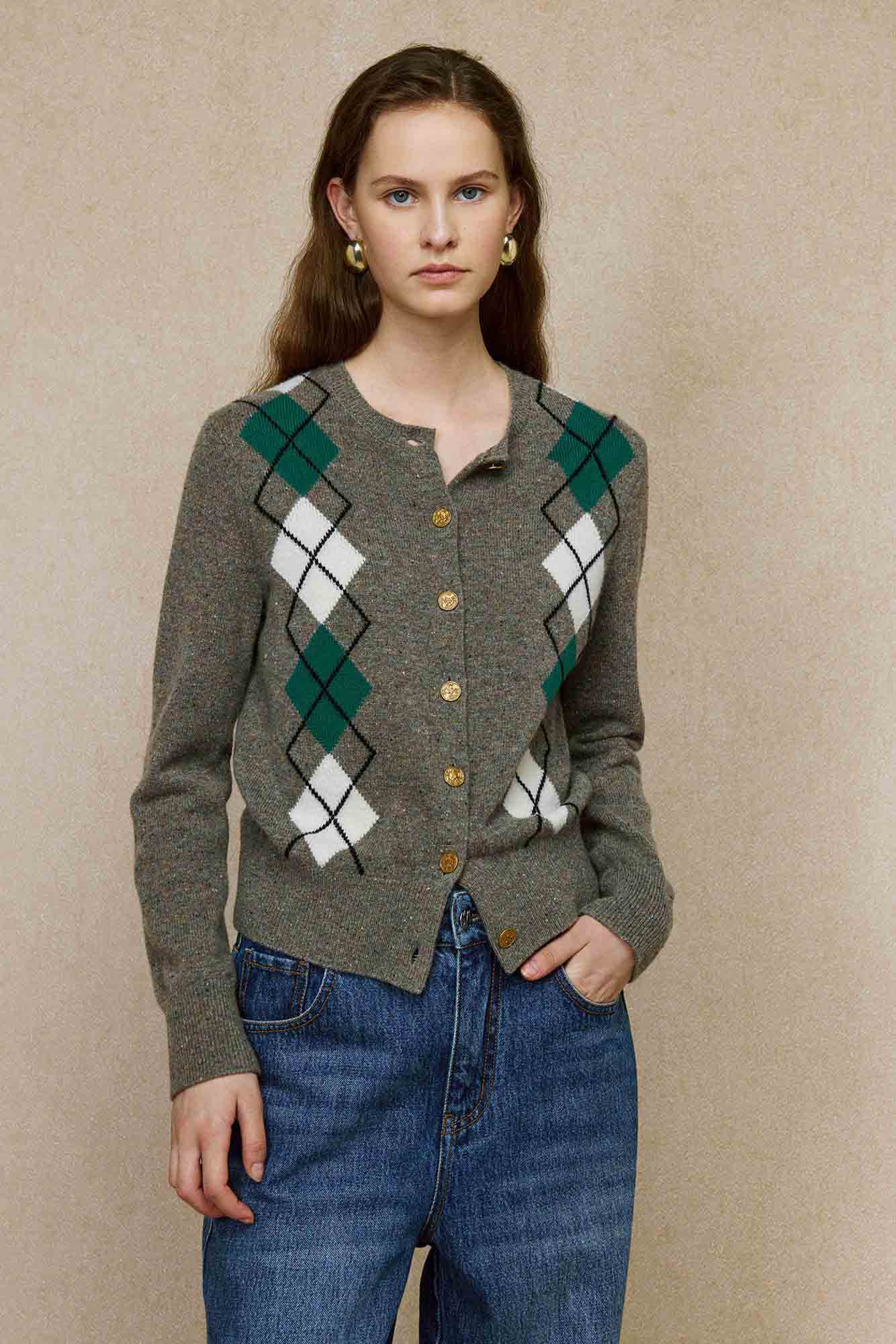 Classic Argyle 100% Merino Wool Cardigan