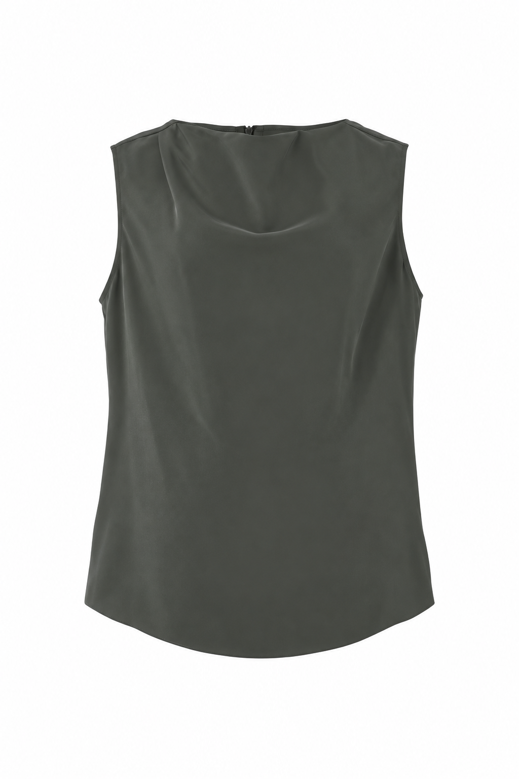 A sleeveless dark gray top with a draped, wavy neckline, shown flat against a solid white background.