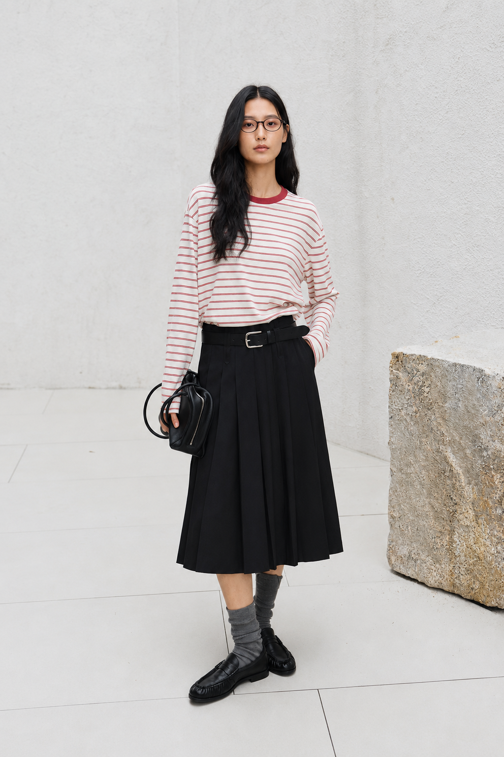 Tailored Pleated Wool Skirt with Belt