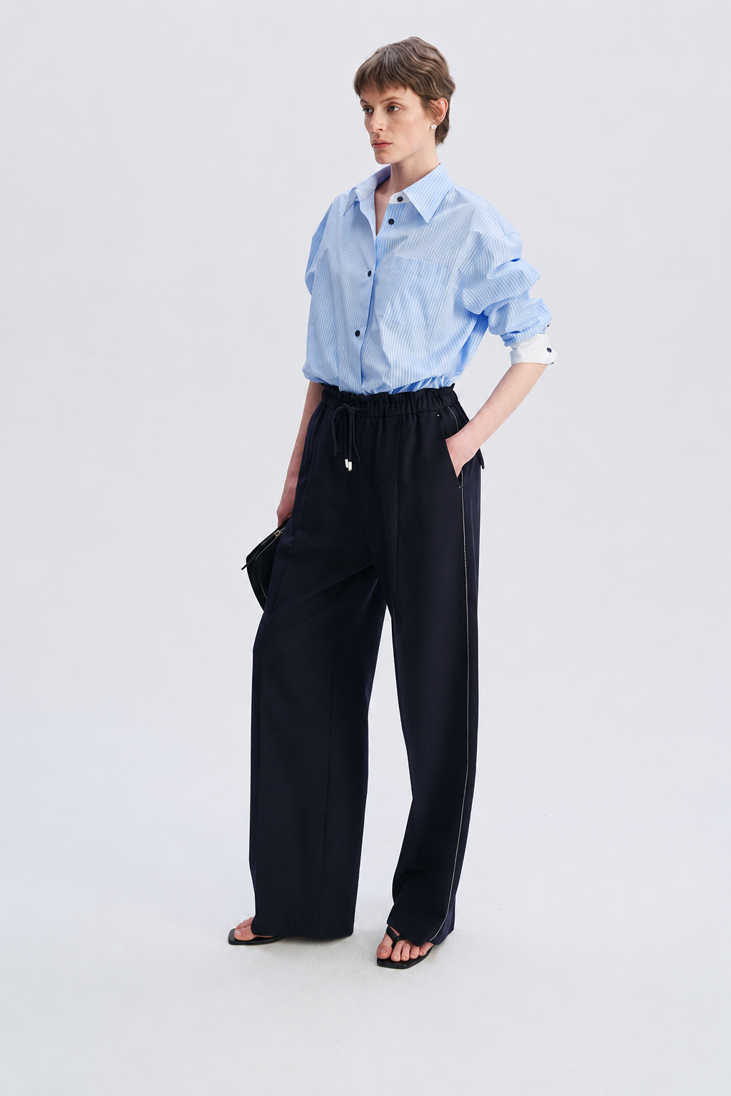 Pure Wool Drawstring Wide-Leg Trousers