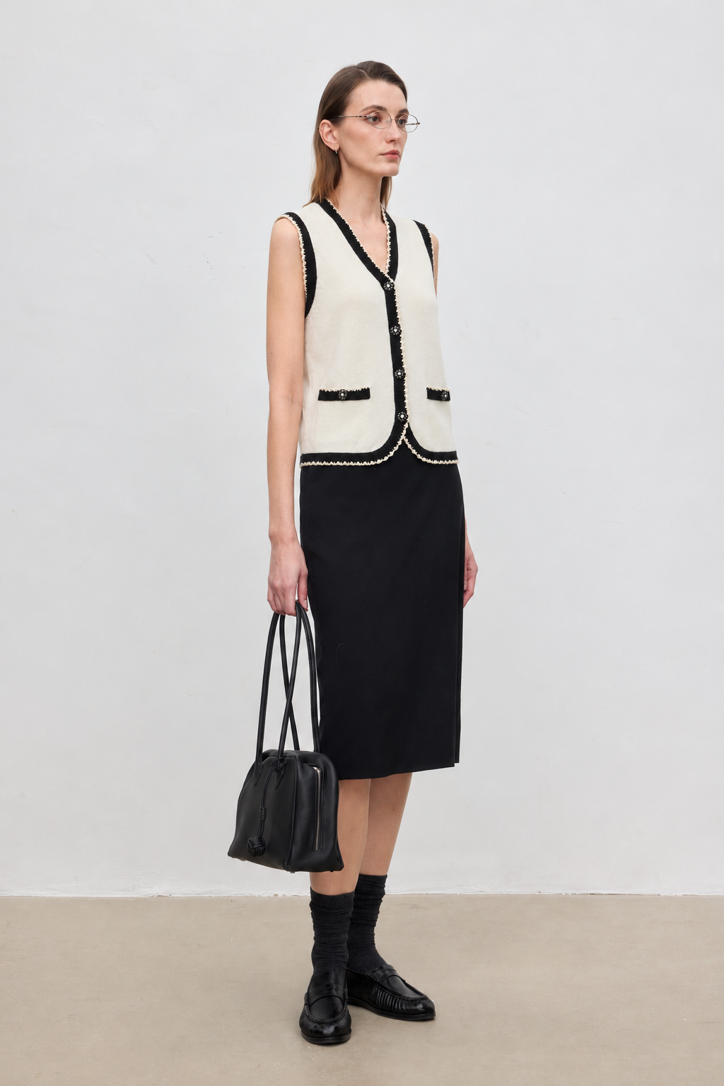 Wool-Cashmere Contrast Trim Knit Vest