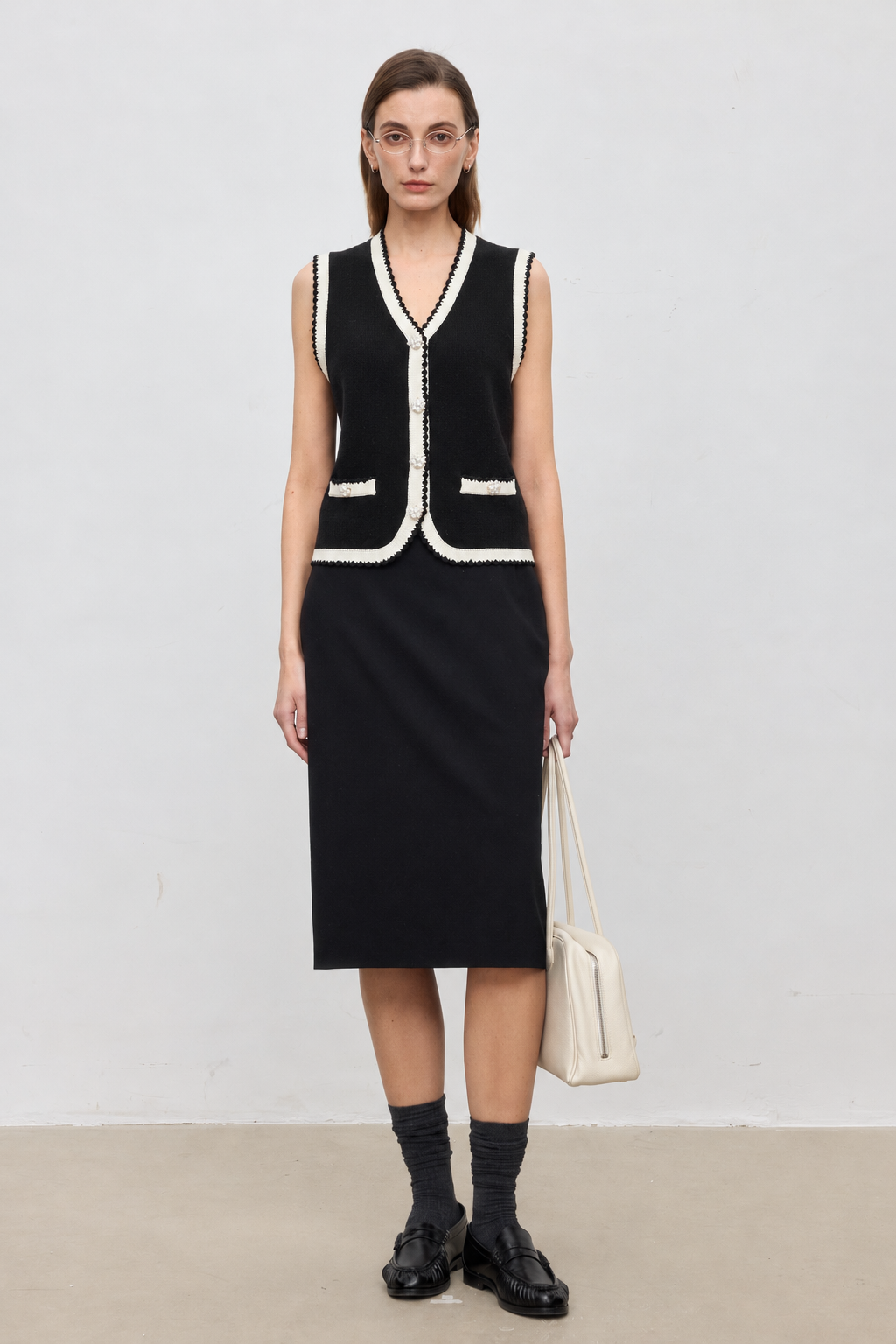 Wool-Cashmere Contrast Trim Knit Vest