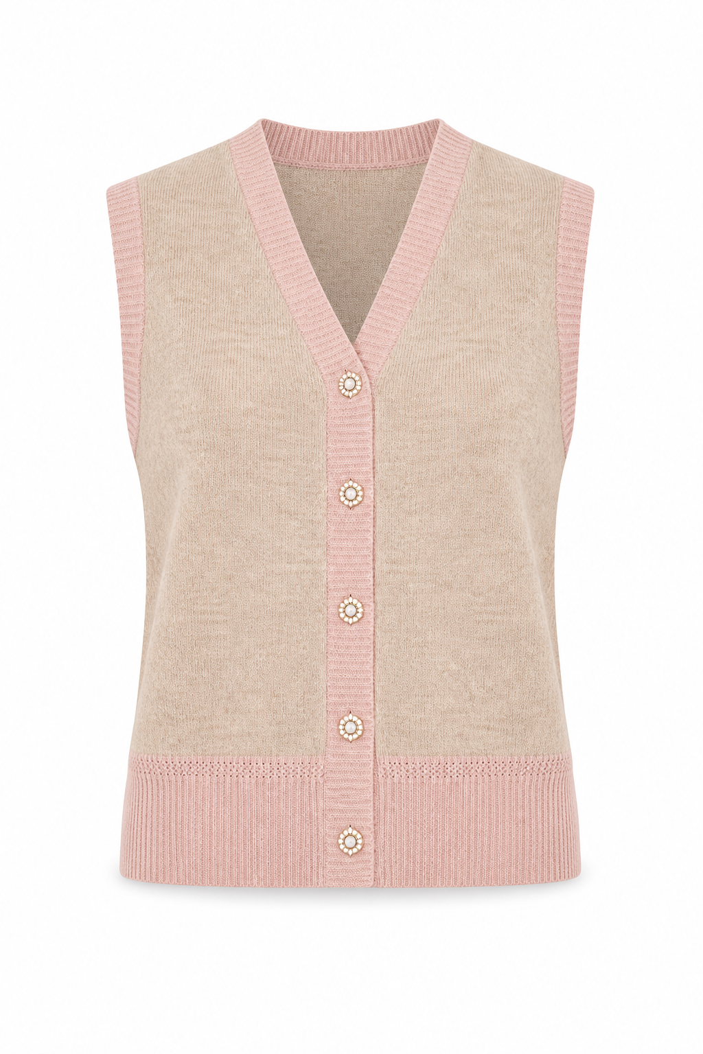 A sleeveless knit cardigan vest in beige with pink ribbed trim, featuring a V-neck, button-front closure, and ribbed hem and armholes, shown on a plain white background.